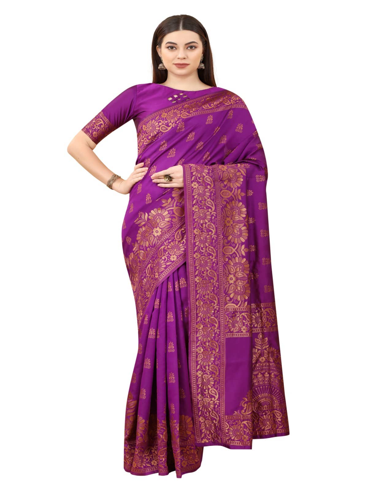 NENCY FASHION Banarasi Silk Embellished Saree With Unstitched Blouse Piece ( Navy Blue ) - Sarees | Buy online on ZillyBuy