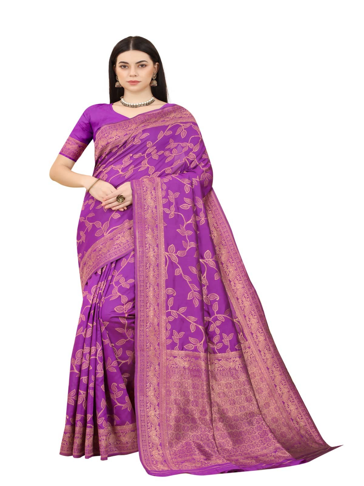 NENCY FASHION Banarasi Silk Embellished Saree With Unstitched Blouse Piece ( Purple ) - Sarees | Buy online on ZillyBuy