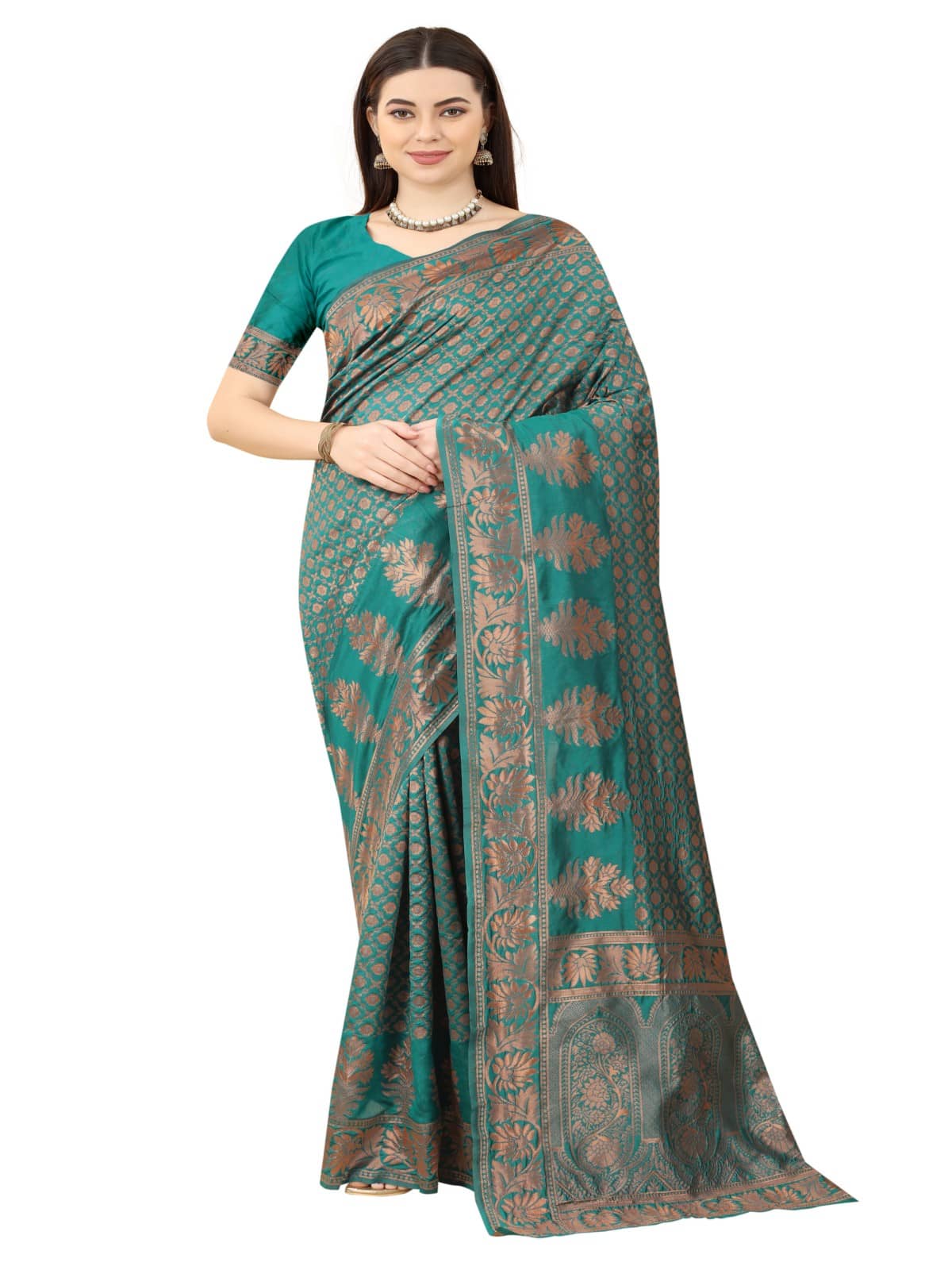NENCY FASHION Banarasi Silk Embellished Saree With Unstitched Blouse Piece ( Green ) - Sarees | Buy online on ZillyBuy