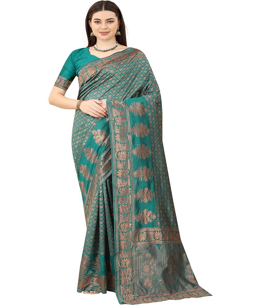 NENCY FASHION Banarasi Silk Embellished Saree With Unstitched Blouse Piece ( Green ) - Sarees | Buy online on ZillyBuy