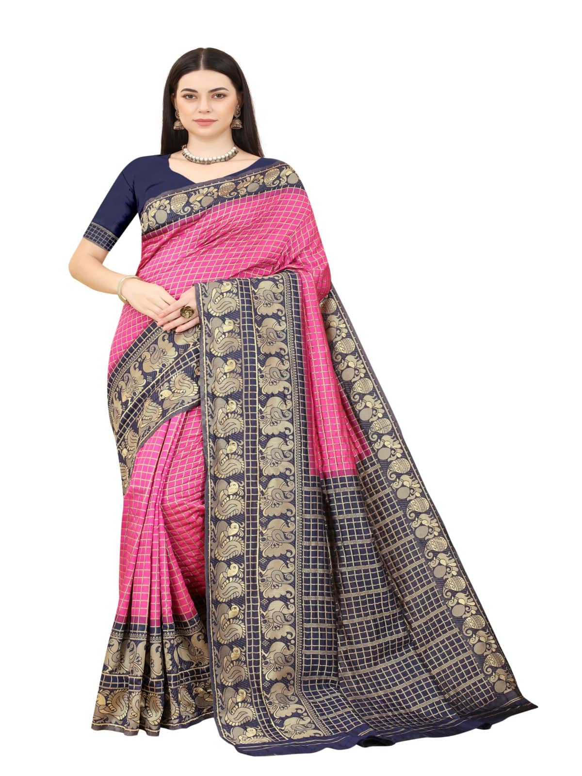 NENCY FASHION Banarasi Silk Embellished Saree With Unstitched Blouse Piece ( Rani ) - Sarees | Buy online on ZillyBuy