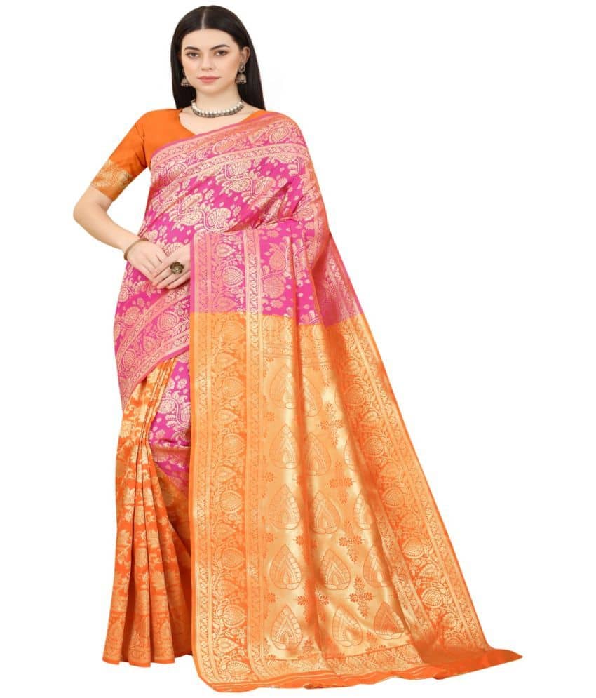 NENCY FASHION Banarasi Silk Embellished Saree With Unstitched Blouse Piece ( Rani ) - Sarees | Buy online on ZillyBuy