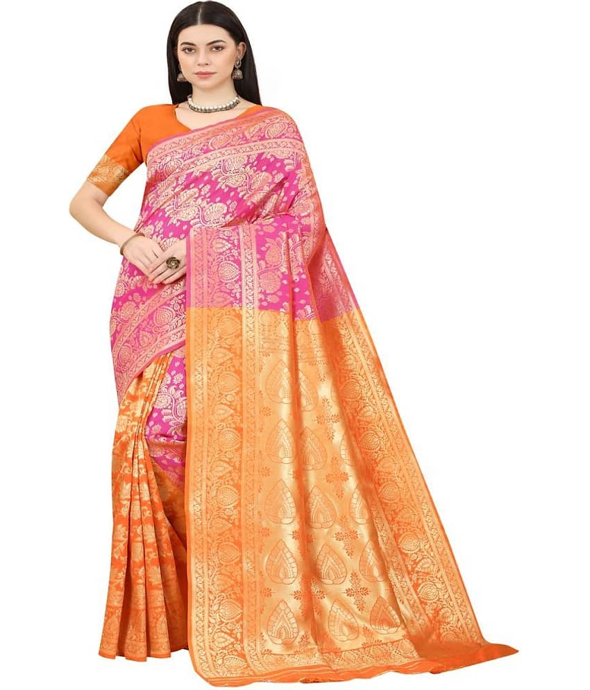 NENCY FASHION Banarasi Silk Embellished Saree With Unstitched Blouse Piece ( Rani ) - Sarees | Buy online on ZillyBuy