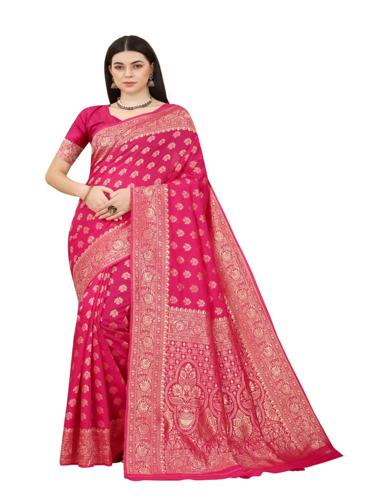 NENCY FASHION Banarasi Silk Embellished Saree With Unstitched Blouse Piece ( Rani ) - Sarees | Buy online on ZillyBuy
