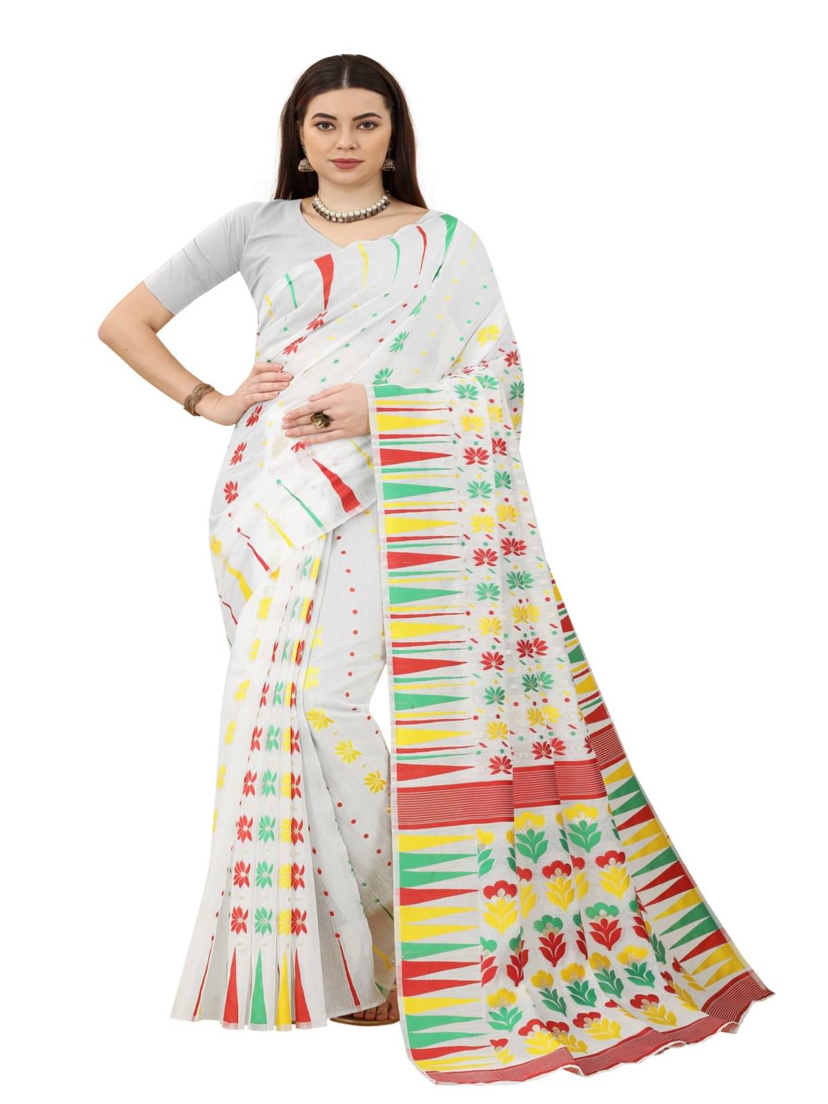    			NENCY FASHION Cotton Embroidered Saree With Unstitched Blouse Piece ( White )