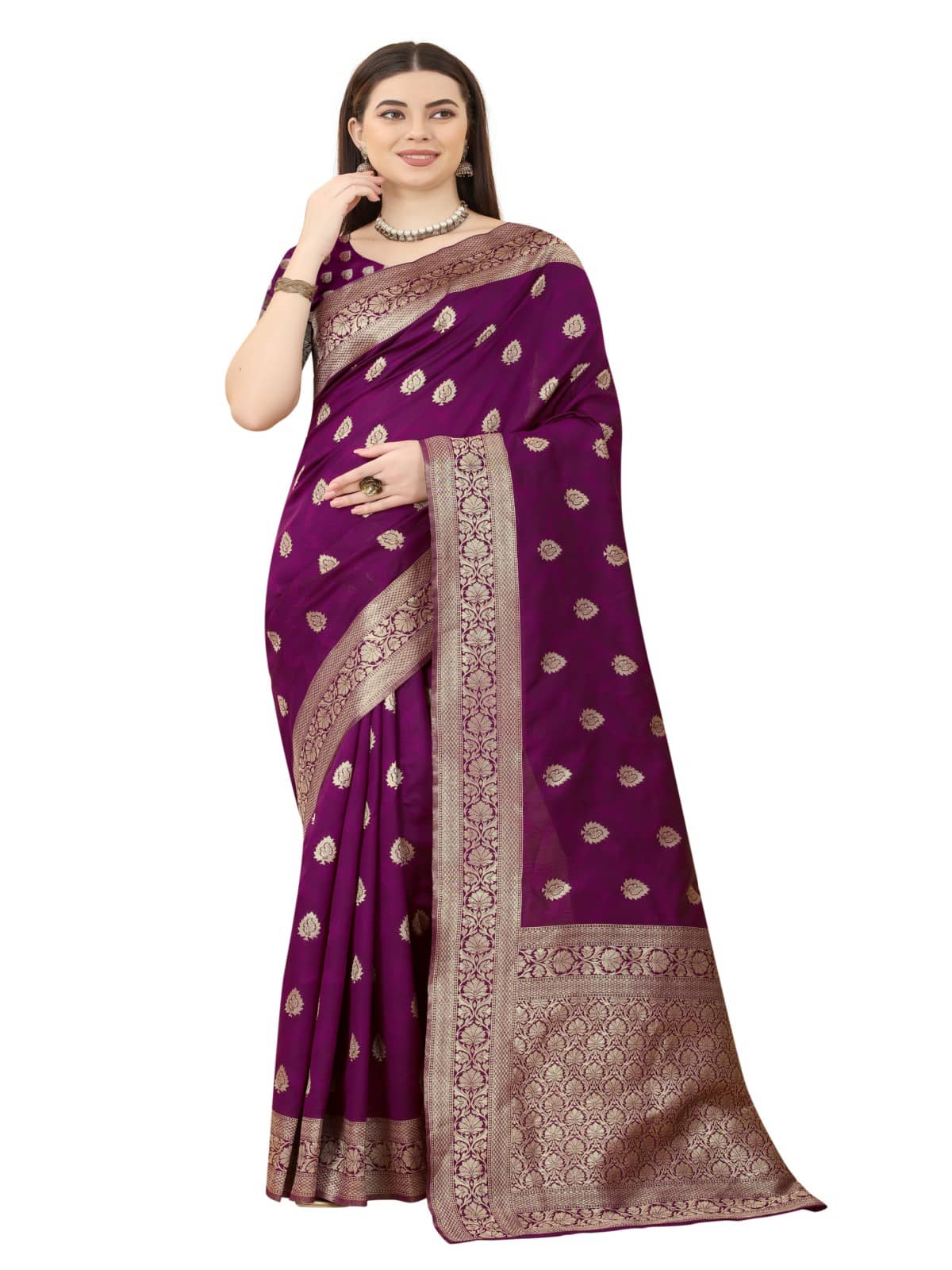 NENCY FASHION Banarasi Silk Embellished Saree With Unstitched Blouse Piece ( Green ) - Sarees | Buy online on ZillyBuy
