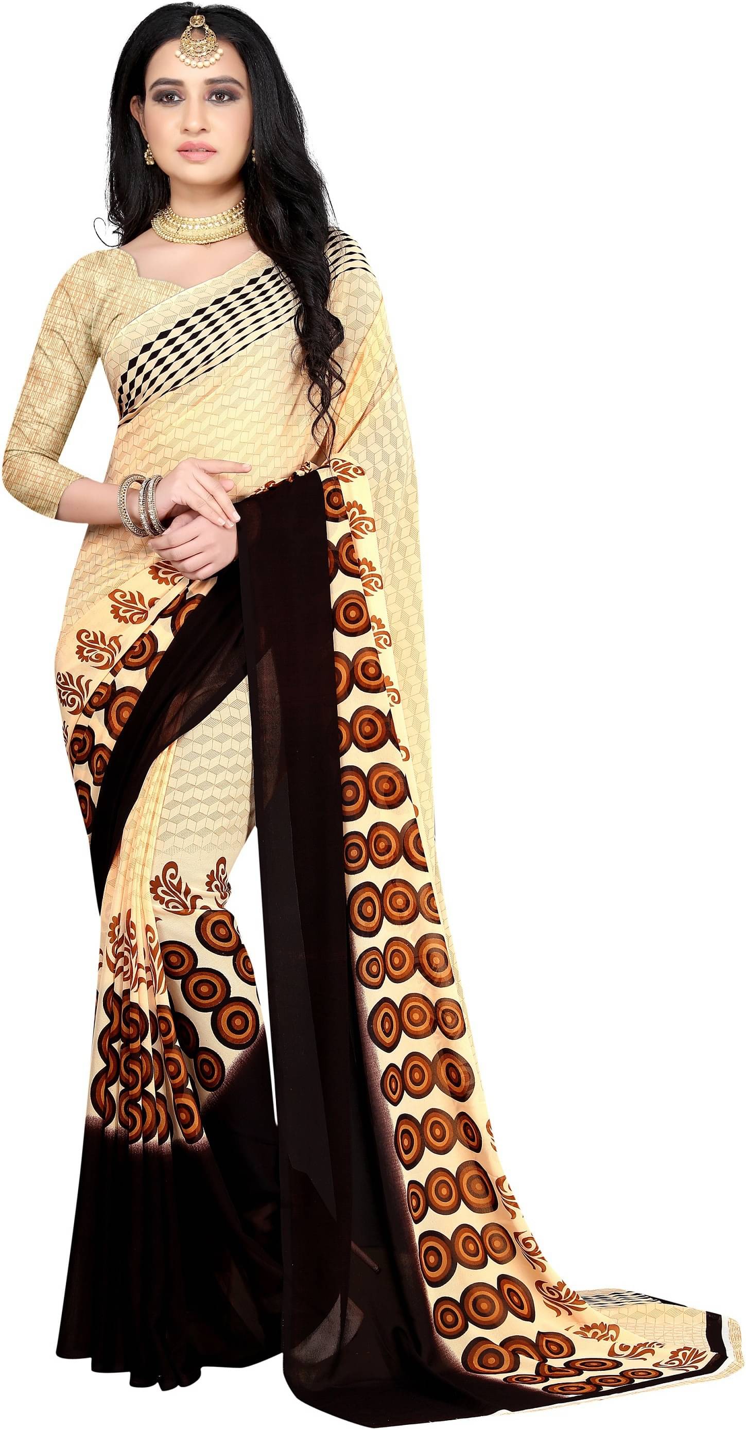     			LEELAVATI Georgette Printed Saree With Unstitched Blouse Piece ( Beige )