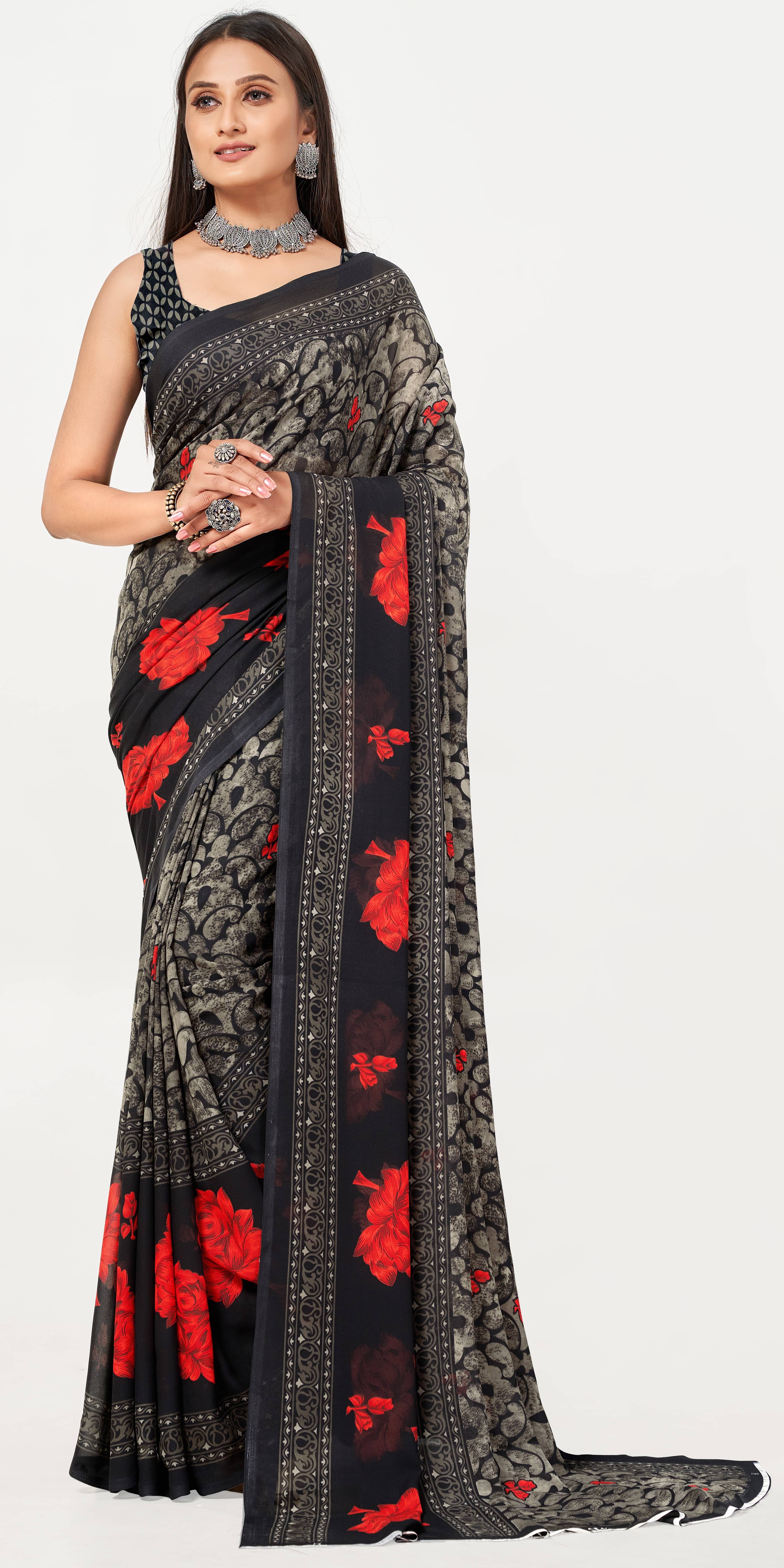     			LEELAVATI Georgette Printed Saree With Unstitched Blouse Piece ( Black )