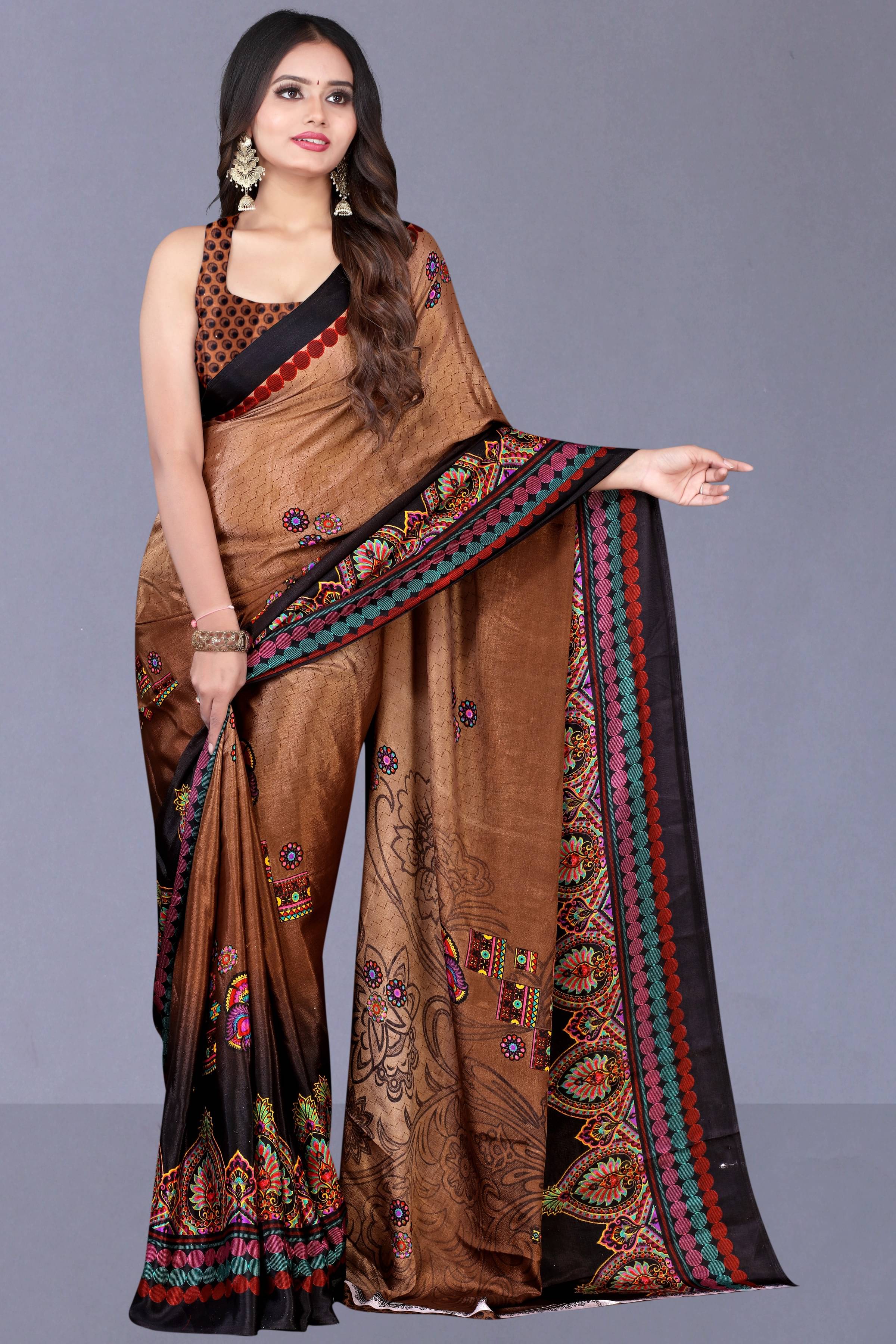     			LEELAVATI Crepe Printed Saree With Unstitched Blouse Piece ( Brown )