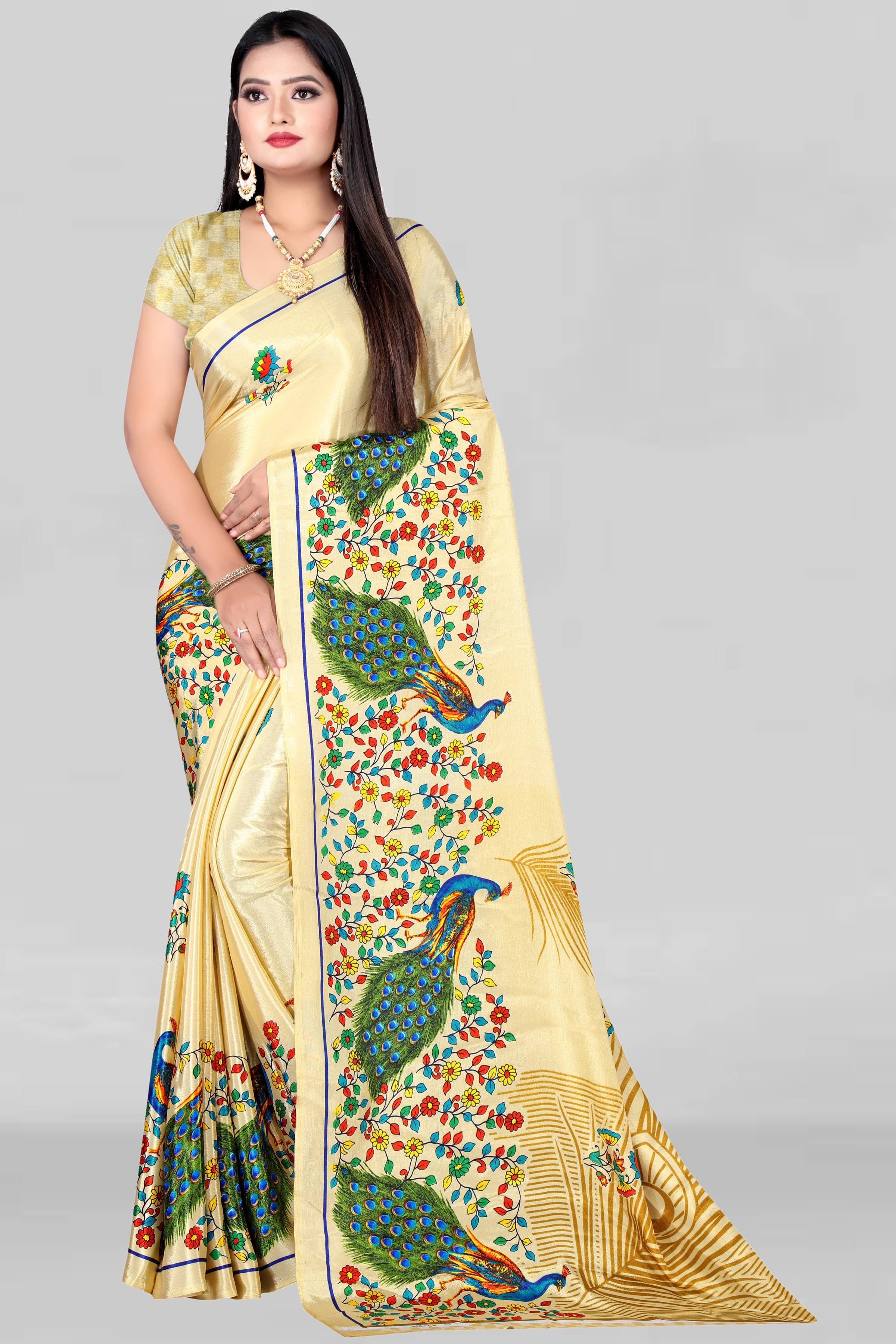 LEELAVATI Crepe Printed Saree With Unstitched Blouse Piece ( Gold ) LEELAVATI Crepe Printed Saree With Unstitched Blouse Piece ( Gold )
