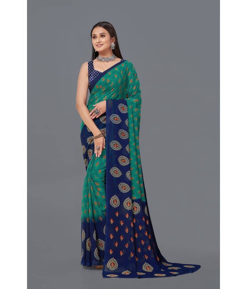 LEELAVATI Georgette Printed Saree With Unstitched Blouse Piece ( Navy Blue ) - Sarees | Buy online on ZillyBuy