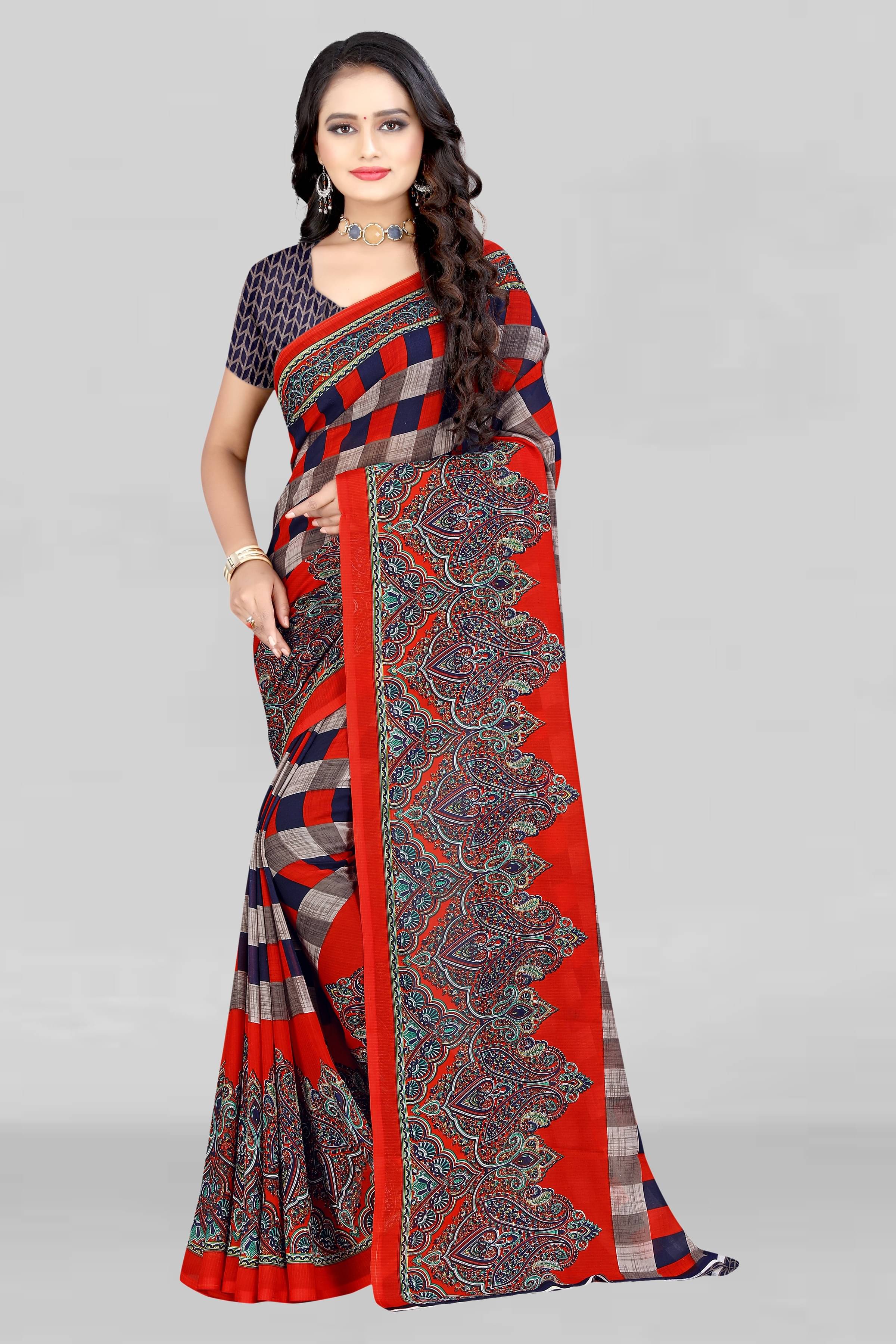     			LEELAVATI Georgette Checks Saree With Unstitched Blouse Piece ( Red )