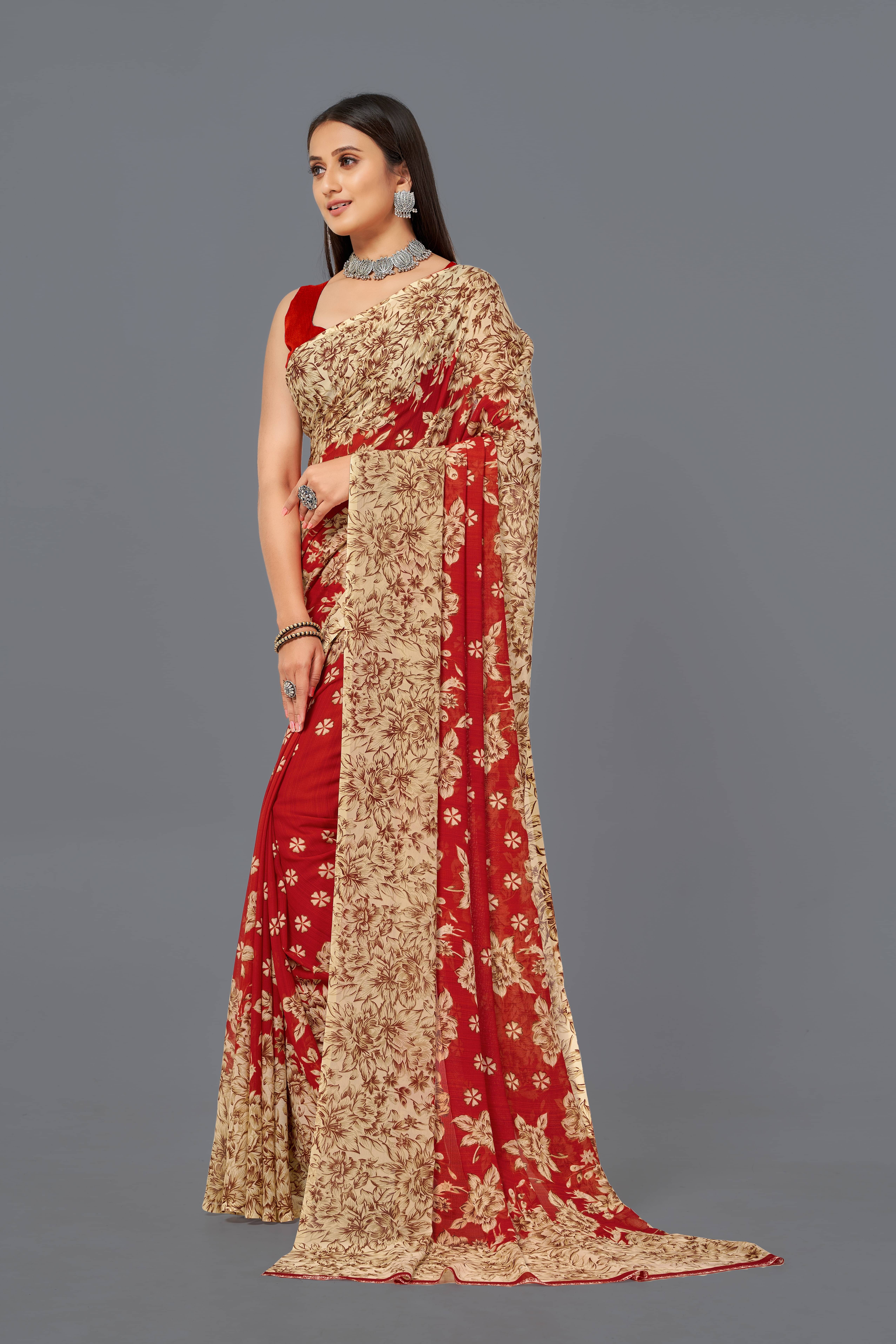 LEELAVATI Georgette Printed Saree With Unstitched Blouse Piece ( Red ) LEELAVATI Georgette Printed Saree With Unstitched Blouse Piece ( Red )