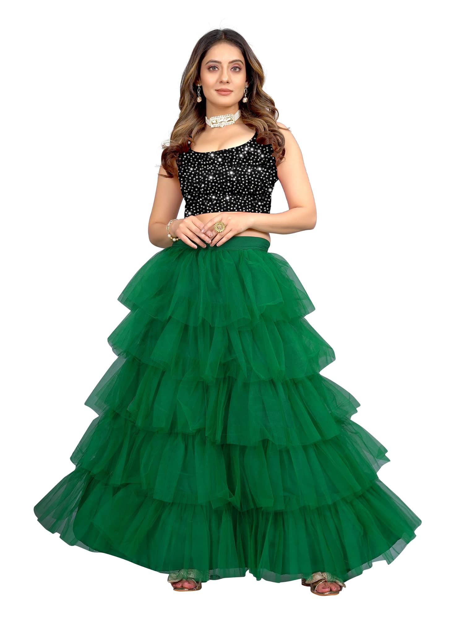 JULEE Green Net Chaniya Choli Semi Stitched Lehenga