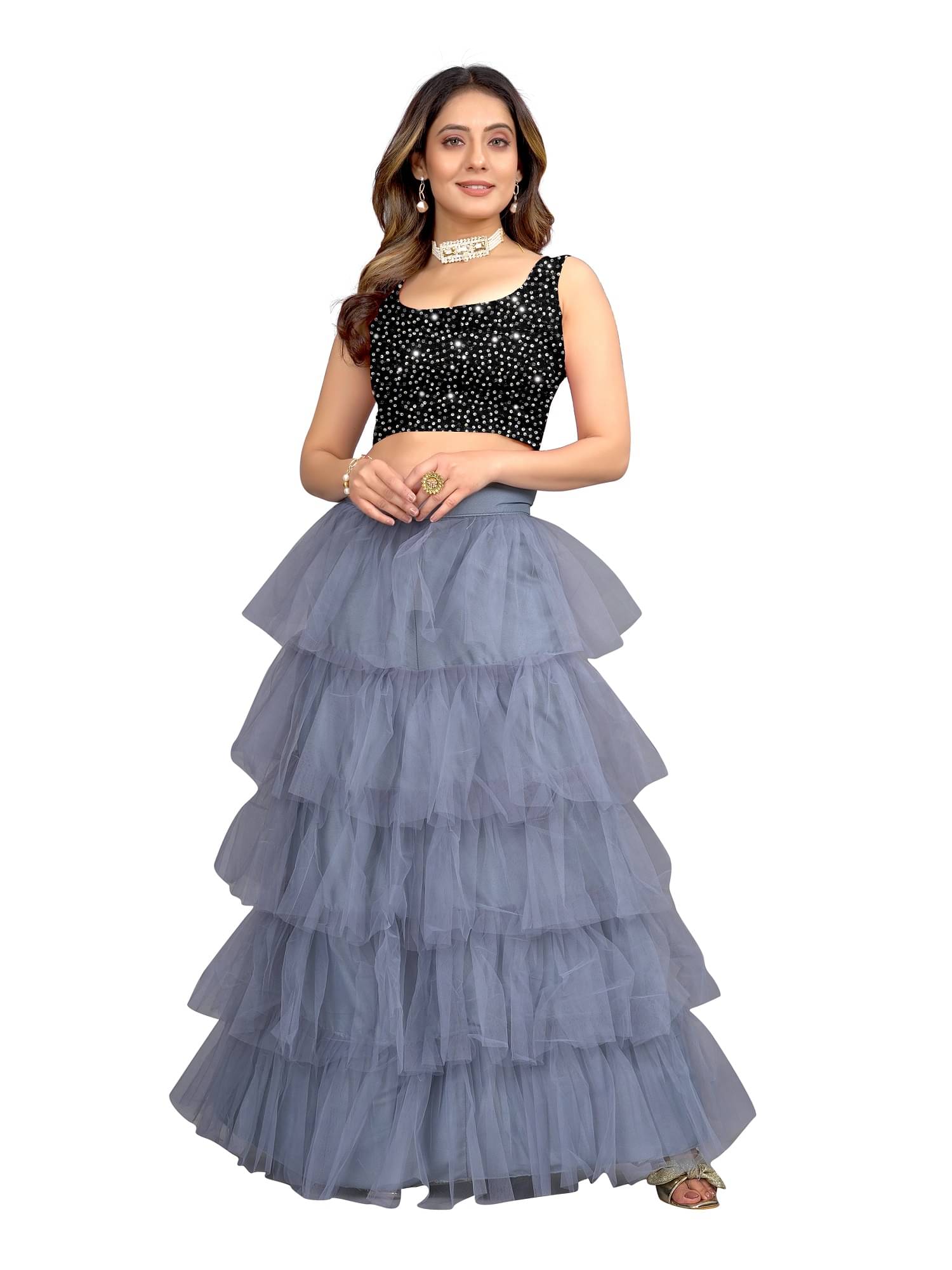 JULEE Grey Net Chaniya Choli Semi Stitched Lehenga JULEE Grey Net Chaniya Choli Semi Stitched Lehenga