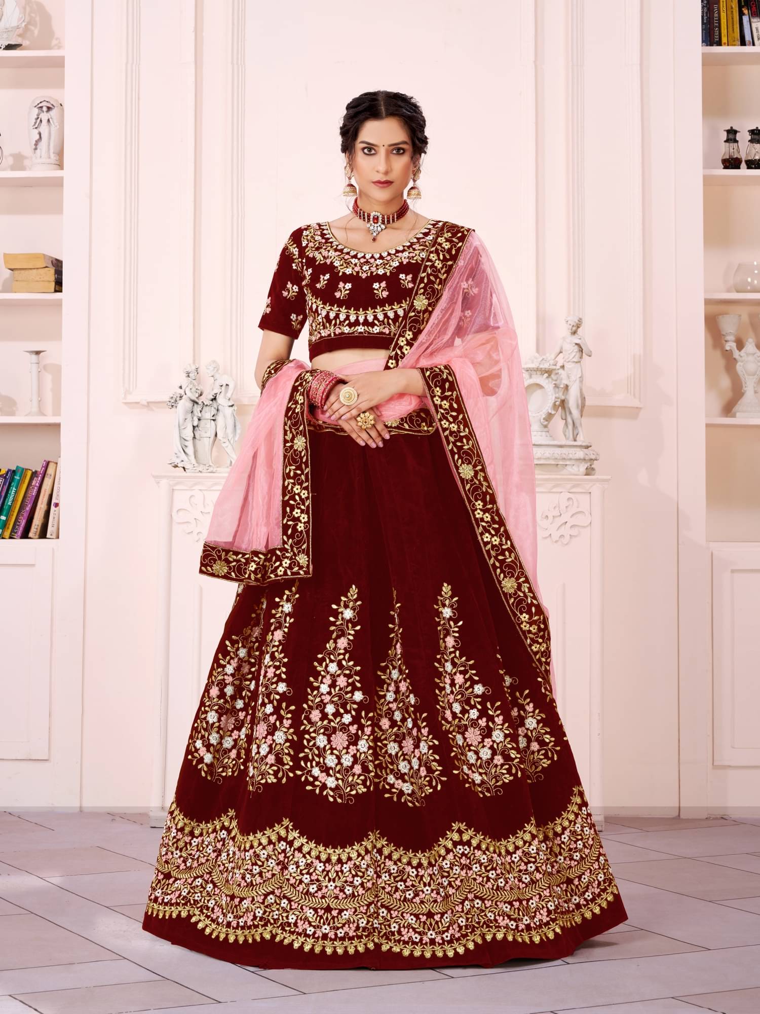 JULEE Maroon Velvet Chaniya Choli Semi Stitched Lehenga     			JULEE Maroon Velvet Chaniya Choli Semi Stitched Lehenga