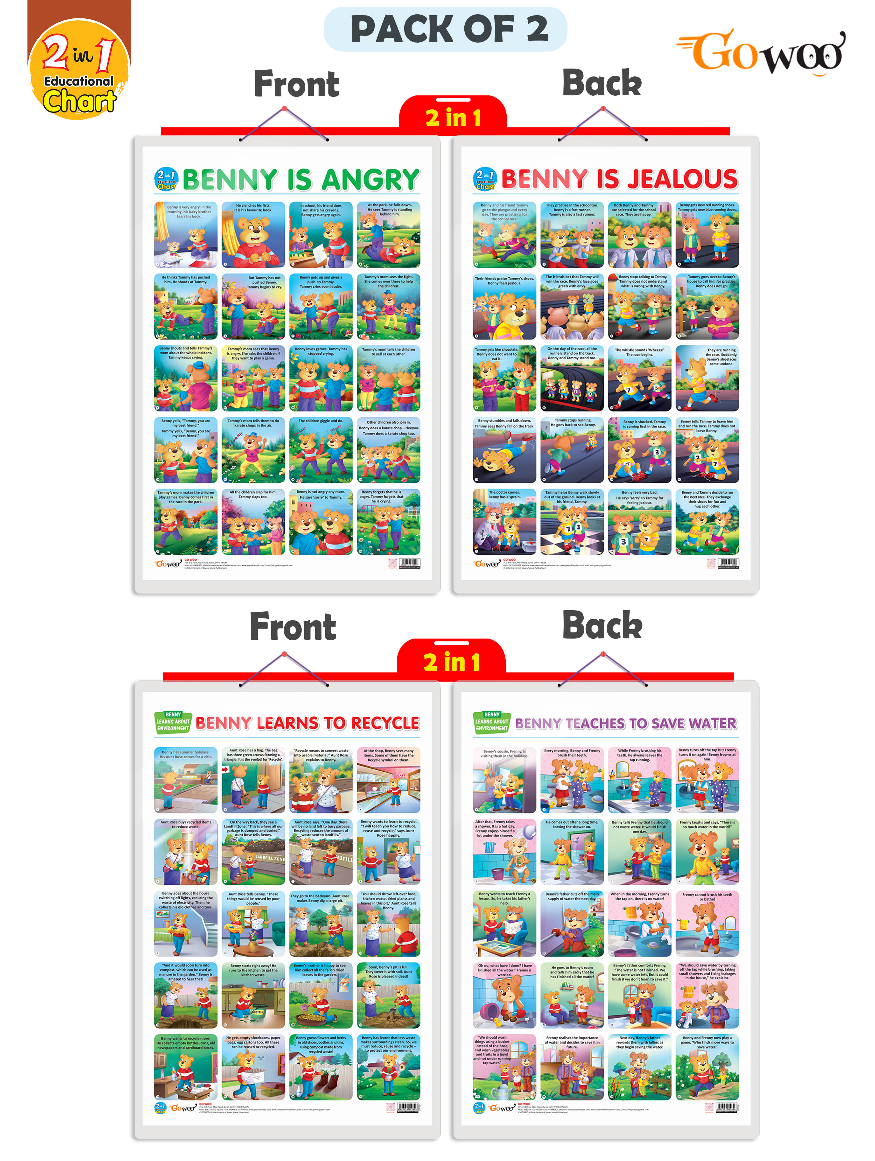     			Set of 2 |2 IN 1 BENNY IS ANGRY AND BENNY IS JEALOUS and 2 IN 1 BENNY LEARNS TO RECYCLE AND BENNY TEACHES TO SAVE WATER  Charts for Kids