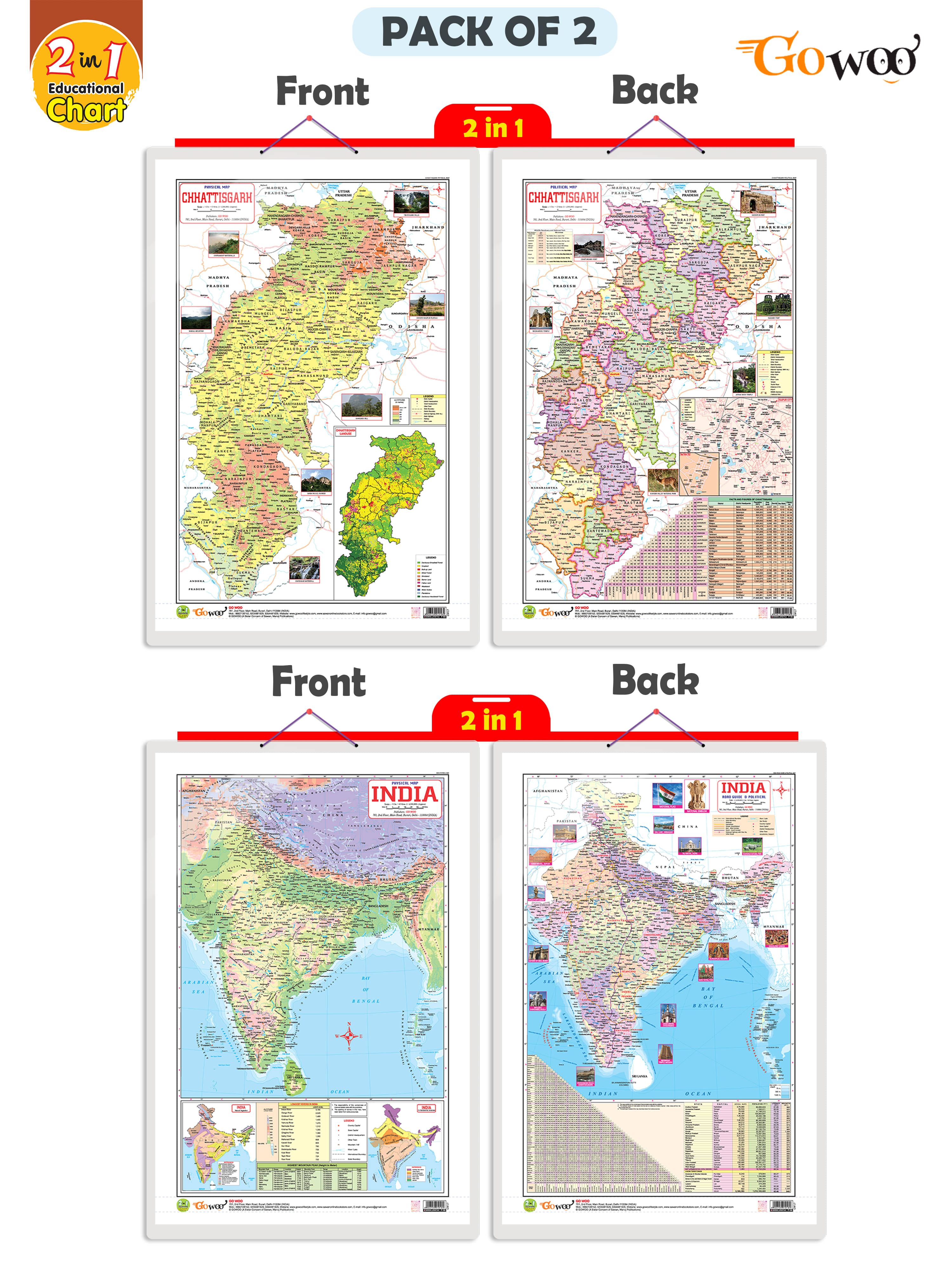     			Set of 2 | 2 IN 1 CHATTISGARH POLITICAL AND PHYSICAL Map IN ENGLISH and 2 IN 1 INDIA POLITICAL AND PHYSICAL MAP IN ENGLISH Educational Charts | 20"X30" inch