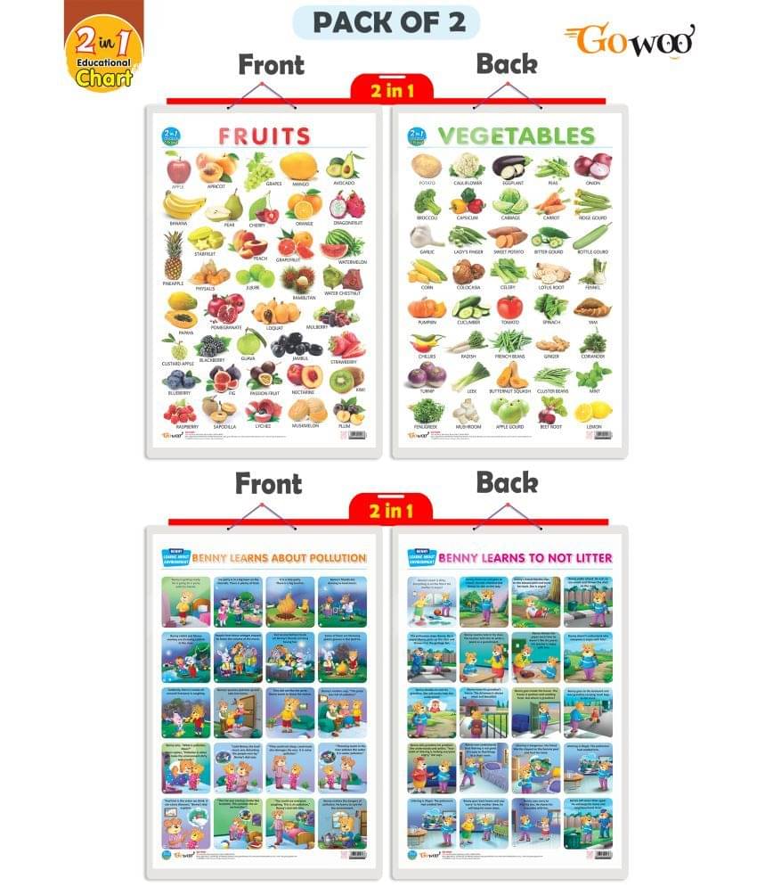 Set of 2 |2 IN 1 FRUITS AND VEGETABLES and 2 IN 1 BENNY LEARNS ABOUT POLLUTION AND BENNY LEARNS NOT TO LITTER Early Learning Educational Charts for Kid Set of 2 |2 IN 1 FRUITS AND VEGETABLES and 2 IN 1 BENNY LEARNS ABOUT POLLUTION AND BENNY LEARNS NOT TO LITTER Early Learning Educational Charts for Kid