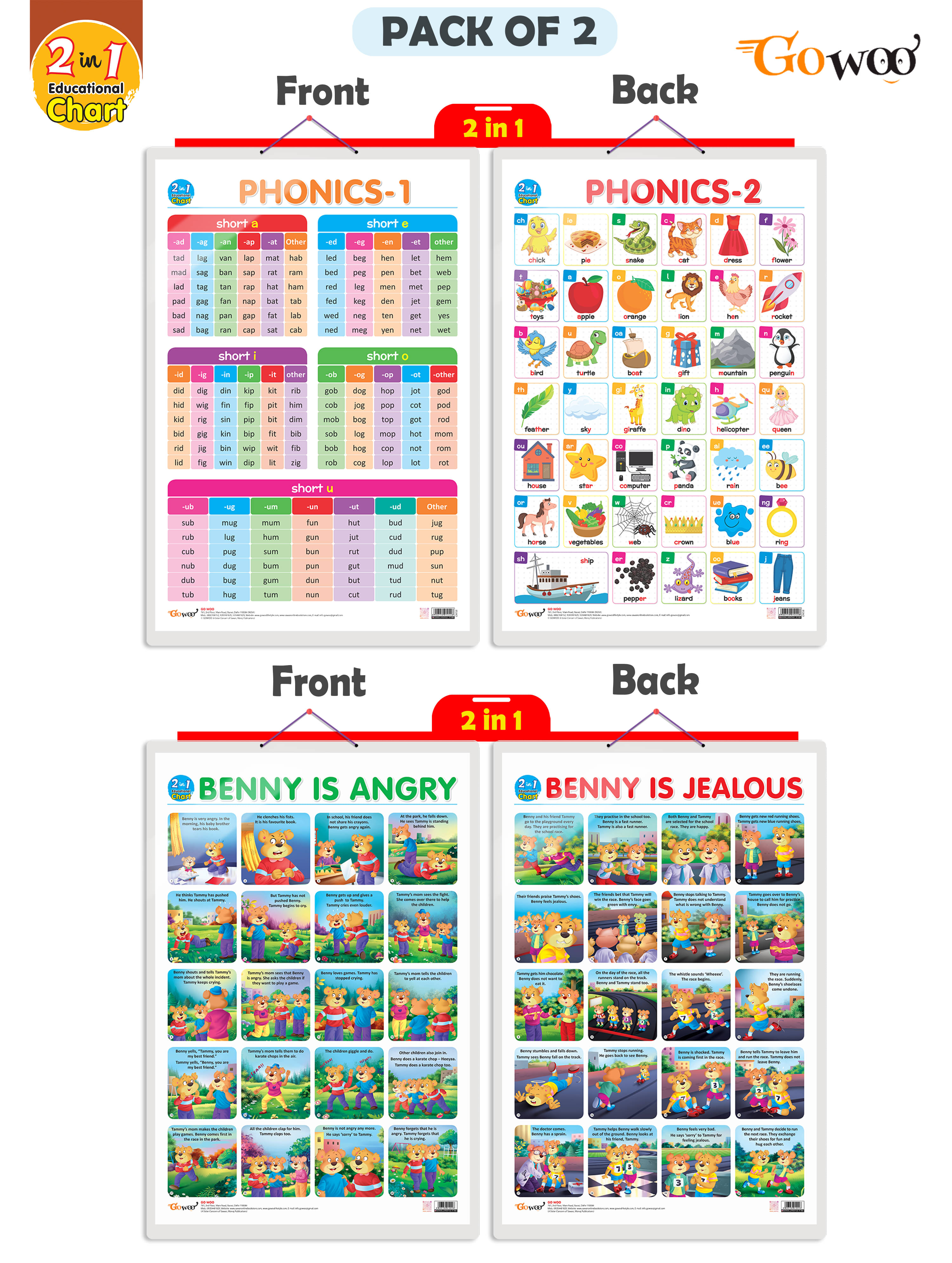 Set of 2 |2 IN 1 PHONICS 1 AND PHONICS 2 and 2 IN 1 BENNY IS ANGRY AND BENNY IS JEALOUS Early Learning Educational Charts for Kids | Set of 2 |2 IN 1 PHONICS 1 AND PHONICS 2 and 2 IN 1 BENNY IS ANGRY AND BENNY IS JEALOUS Early Learning Educational Charts for Kids |