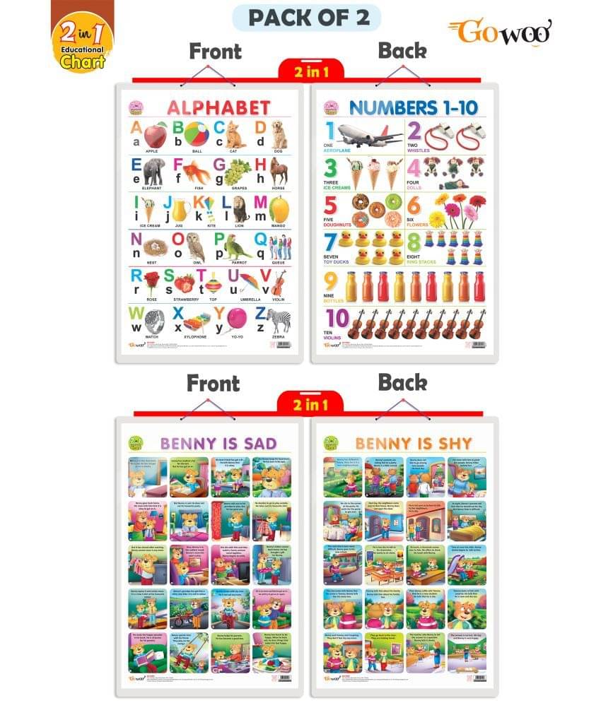 Set of 2 | 2 IN 1 ALPHABET AND NUMBER 1-10 and 2 IN 1 BENNY IS SAD AND BENNY IS SHY Early Learning Educational Charts for Kids Set of 2 | 2 IN 1 ALPHABET AND NUMBER 1-10 and 2 IN 1 BENNY IS SAD AND BENNY IS SHY Early Learning Educational Charts for Kids