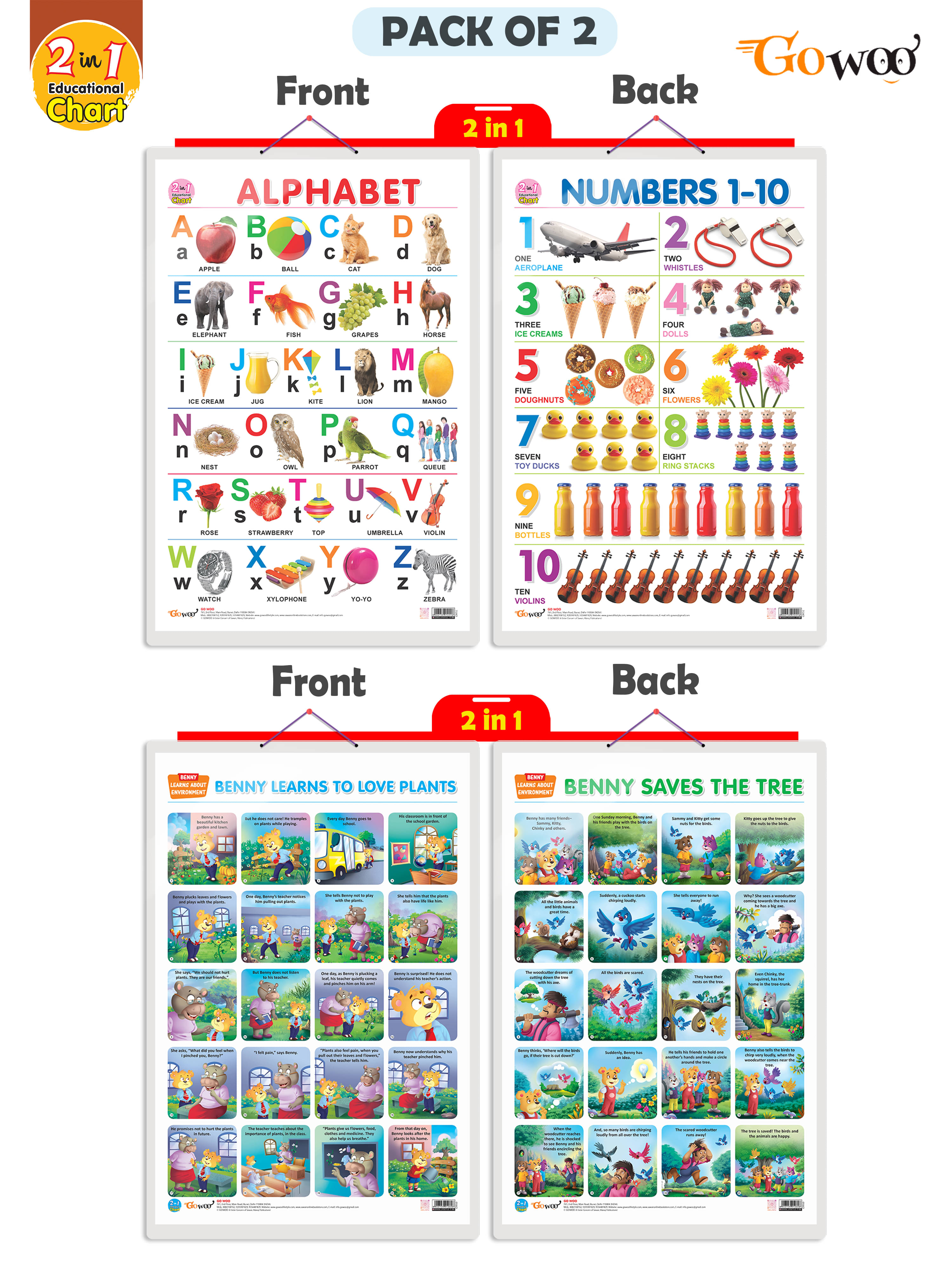 Set of 2 | 2 IN 1 ALPHABET AND NUMBER 1-10 and 2 IN 1 BENNY LEARNS TO LOVE PLANTS AND BENNY SAVES THE TREE Early Learning Educational Charts for Kids Set of 2 | 2 IN 1 ALPHABET AND NUMBER 1-10 and 2 IN 1 BENNY LEARNS TO LOVE PLANTS AND BENNY SAVES THE TREE Early Learning Educational Charts for Kids