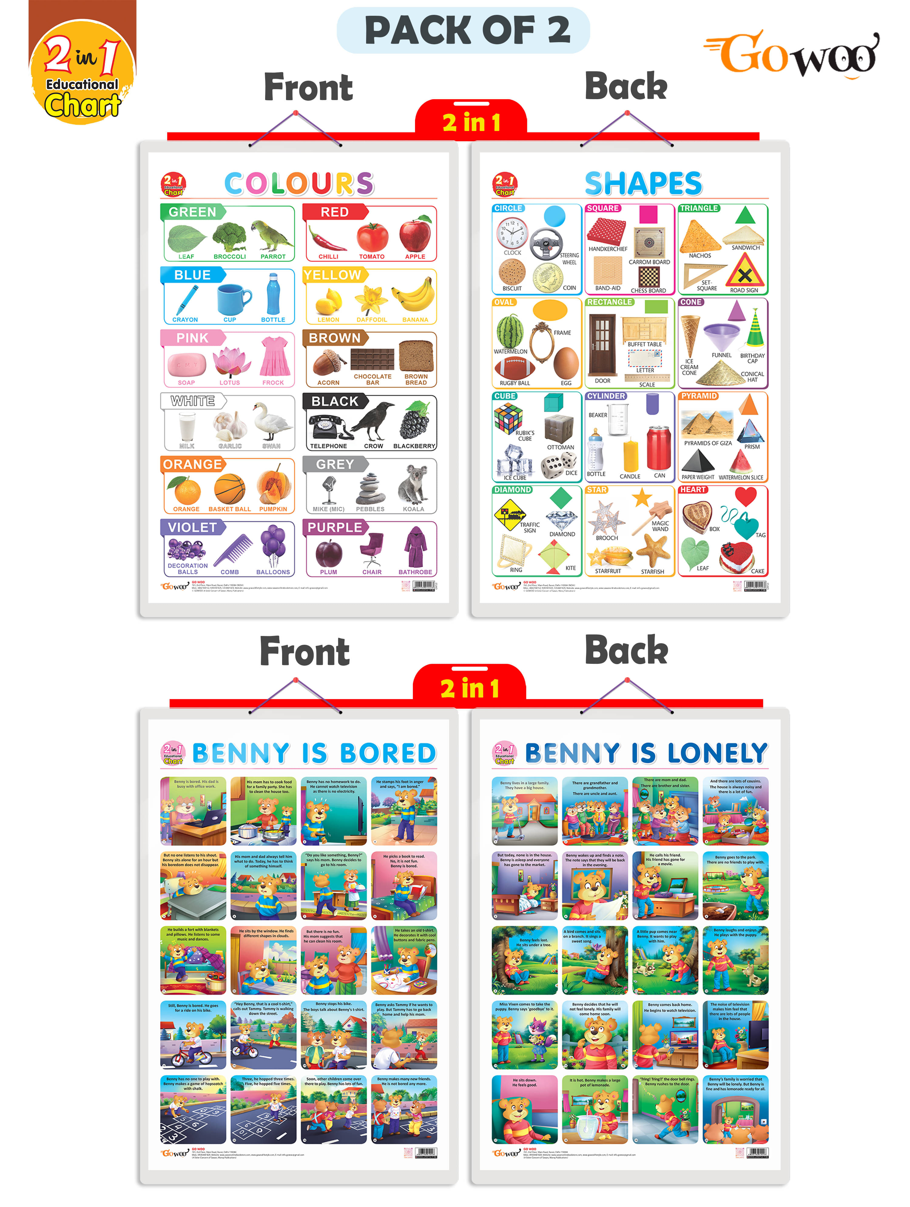 Set of 2 | 2 IN 1 COLOURS AND SHAPES and 2 IN 1 BENNY IS BORED AND BENNY IS LONELY Early Learning Educational Charts for Kids Set of 2 | 2 IN 1 COLOURS AND SHAPES and 2 IN 1 BENNY IS BORED AND BENNY IS LONELY Early Learning Educational Charts for Kids