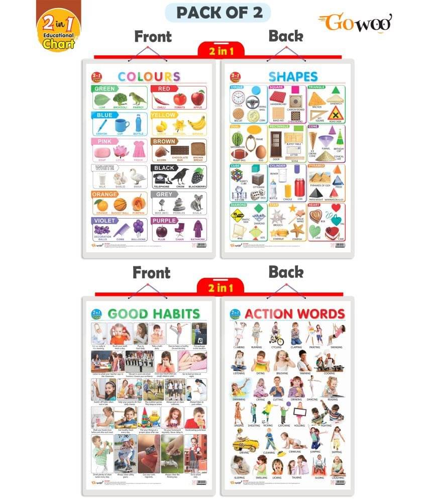 Set of 2 | 2 IN 1 COLOURS AND SHAPES and 2 IN 1 GOOD HABITS AND ACTION WORDS Early Learning Educational Charts for Kids | 20"X30" inch |Non-Tearable and Waterproof | Double Sided Laminated | Perfect for Homeschooling, Kindergarten and Nursery Students Set of 2 | 2 IN 1 COLOURS AND SHAPES and 2 IN 1 GOOD HABITS AND ACTION WORDS Early Learning Educational Charts for Kids | 20"X30" inch |Non-Tearable and Waterproof | Double Sided Laminated | Perfect for Homeschooling, Kindergarten and Nursery Students