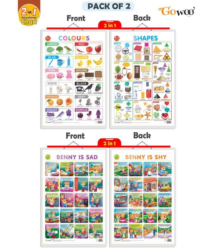 Set of 2 | 2 IN 1 COLOURS AND SHAPES and 2 IN 1 BENNY IS SAD AND BENNY IS SHY Early Learning Educational Charts for Kids Set of 2 | 2 IN 1 COLOURS AND SHAPES and 2 IN 1 BENNY IS SAD AND BENNY IS SHY Early Learning Educational Charts for Kids