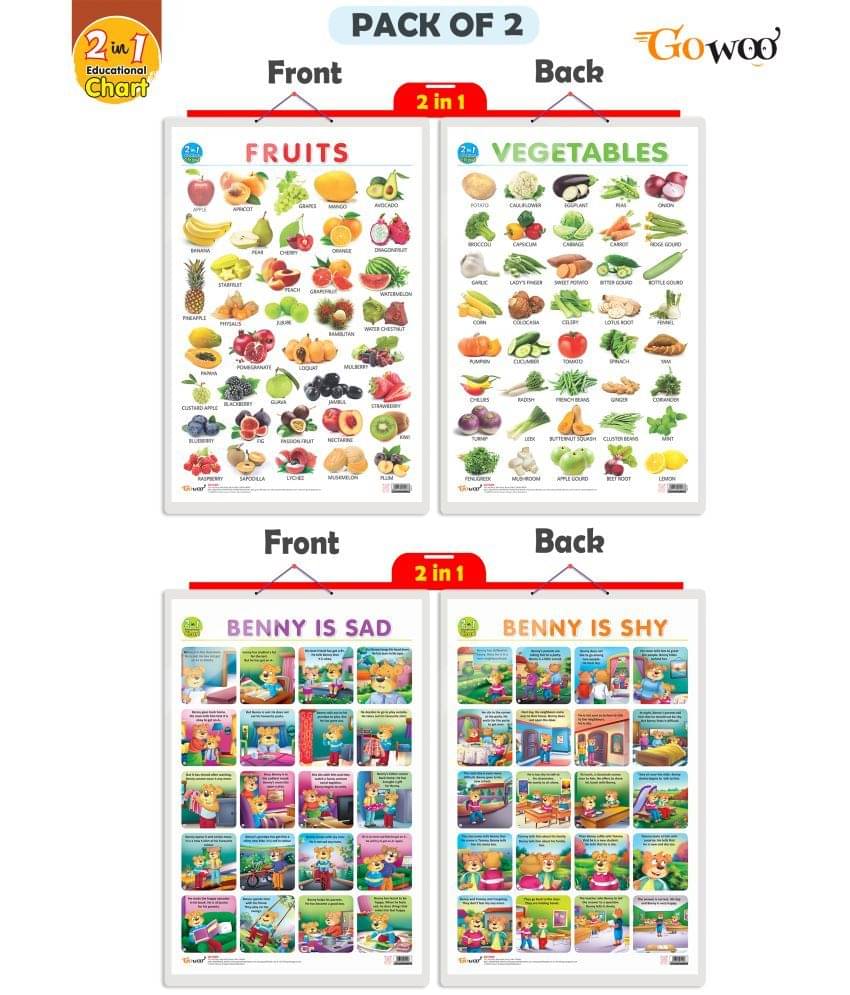 Set of 2 |2 IN 1 FRUITS AND VEGETABLES and 2 IN 1 BENNY IS SAD AND BENNY IS SHY Early Learning Educational Charts for Kids Set of 2 |2 IN 1 FRUITS AND VEGETABLES and 2 IN 1 BENNY IS SAD AND BENNY IS SHY Early Learning Educational Charts for Kids
