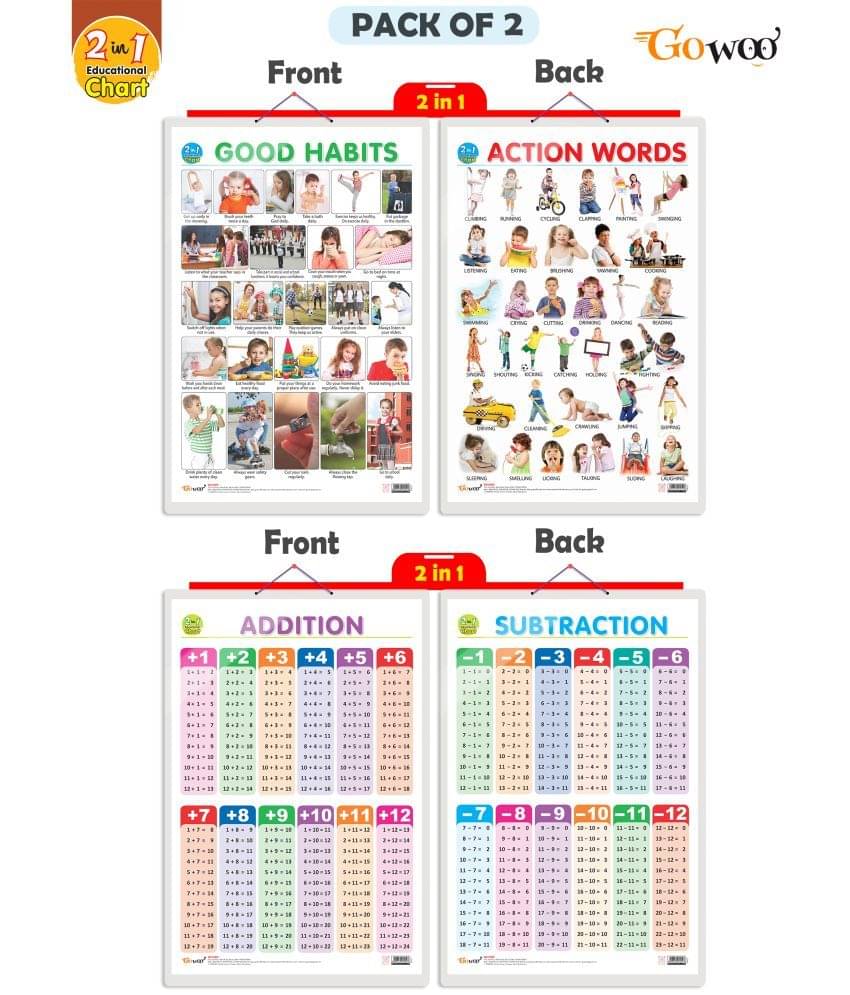 Set of 2 |2 IN 1 GOOD HABITS AND ACTION WORDS AND 2 IN 1 ADDITION AND SUBTRACTION Early Learning Educational Charts for Kids| 20"X30" inch |Non-Tearable and Waterproof| Double Sided Laminated | Perfect for Homeschooling, Kindergarten and Nursery Students Set of 2 |2 IN 1 GOOD HABITS AND ACTION WORDS AND 2 IN 1 ADDITION AND SUBTRACTION Early Learning Educational Charts for Kids| 20"X30" inch |Non-Tearable and Waterproof| Double Sided Laminated | Perfect for Homeschooling, Kindergarten and Nursery Students