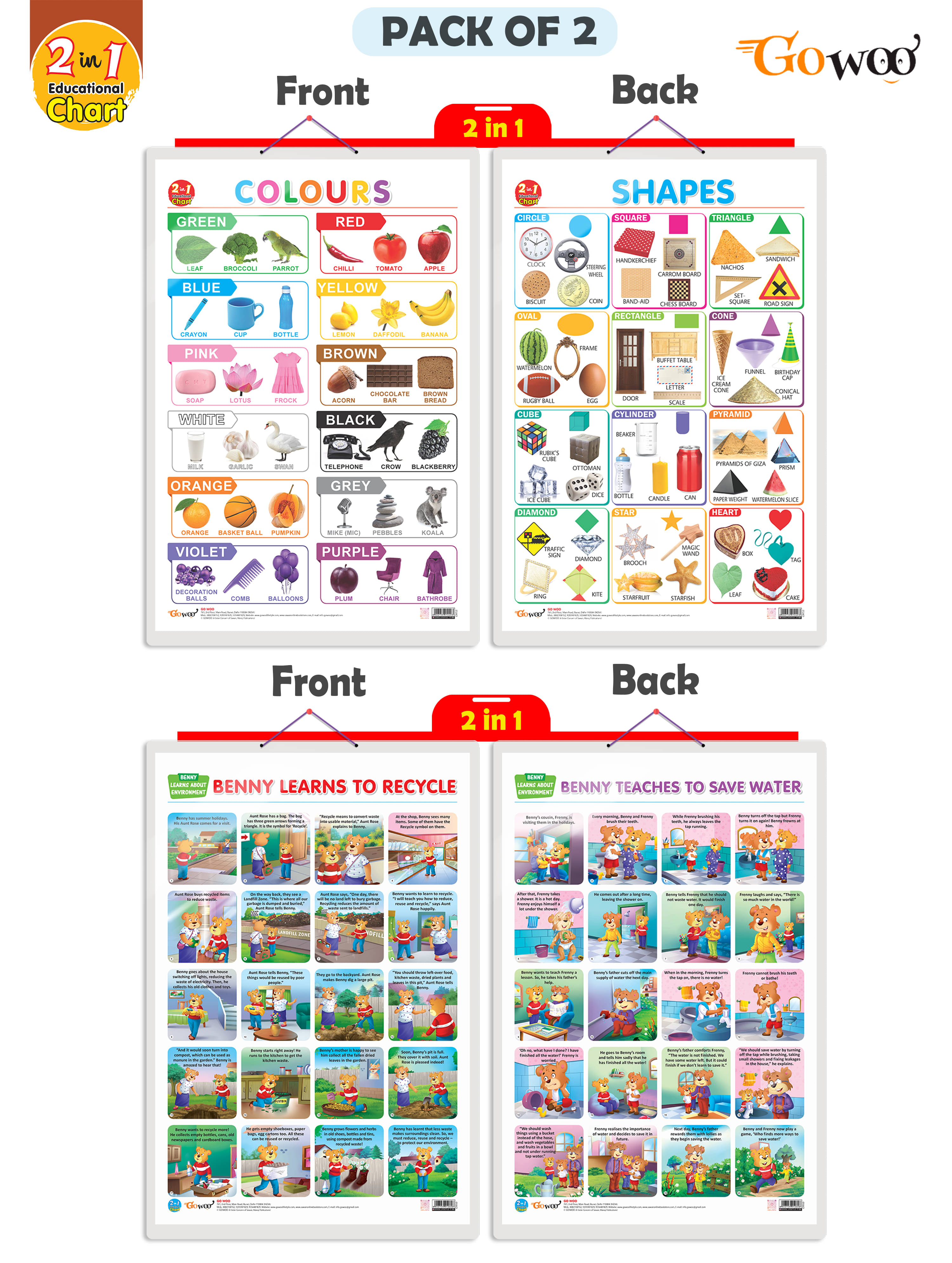Set of 2 | 2 IN 1 COLOURS AND SHAPES and 2 IN 1 BENNY LEARNS TO RECYCLE AND BENNY TEACHES TO SAVE WATER Early Learning Educational Charts for Kids Set of 2 | 2 IN 1 COLOURS AND SHAPES and 2 IN 1 BENNY LEARNS TO RECYCLE AND BENNY TEACHES TO SAVE WATER Early Learning Educational Charts for Kids