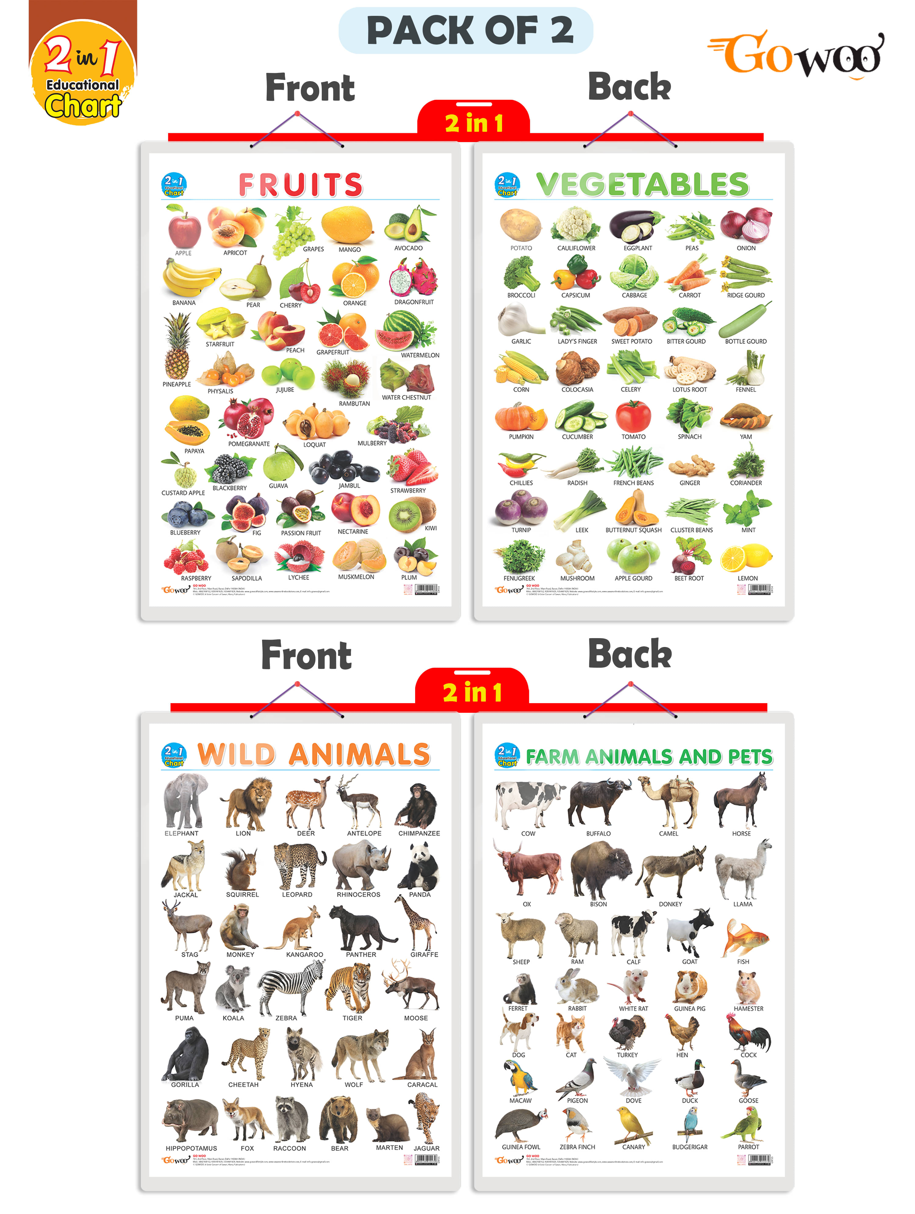     			Set of 2 | 2 IN 1 FRUITS AND VEGETABLES and 2 IN 1 WILD AND FARM ANIMALS & PETS Early Learning Educational Charts for Kids | 20"X30" inch |Non-Tearable and Waterproof | Double Sided Laminated | Perfect for Homeschooling, Kindergarten and Nursery Students