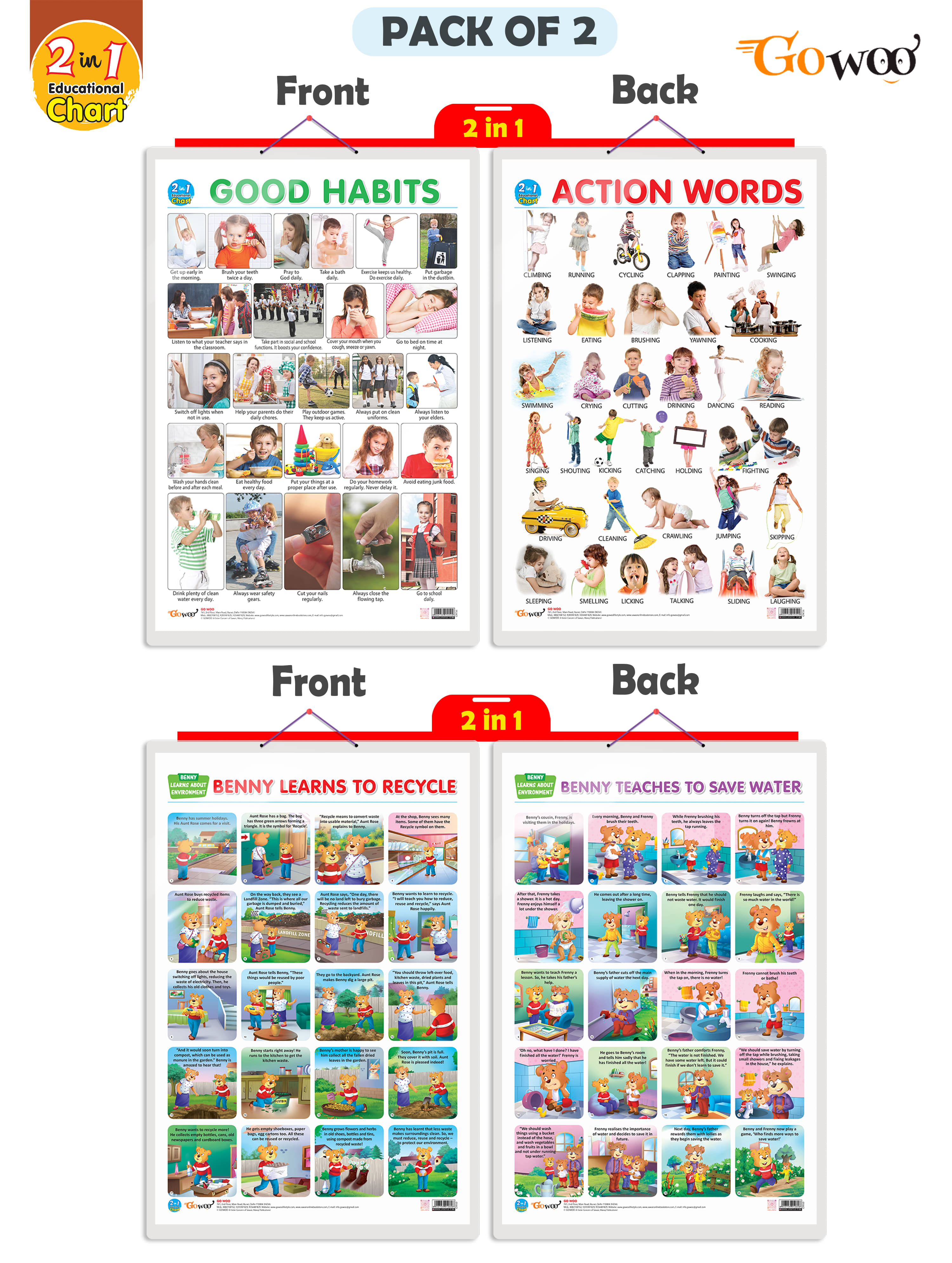     			Set of 2 |2 IN 1 GOOD HABITS AND ACTION WORDS and 2 IN 1 BENNY LEARNS TO RECYCLE AND BENNY TEACHES TO SAVE WATER Early Learning Educational Charts for Kids|