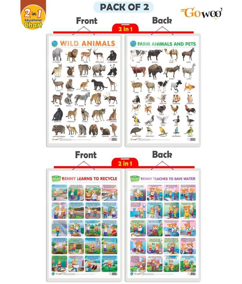 Set of 2 |2 IN 1 WILD AND FARM ANIMALS & PETS AND 2 IN 1 BENNY LEARNS TO RECYCLE AND BENNY TEACHES TO SAVE WATER Early Learning Educational Charts for Kids| Set of 2 |2 IN 1 WILD AND FARM ANIMALS & PETS AND 2 IN 1 BENNY LEARNS TO RECYCLE AND BENNY TEACHES TO SAVE WATER Early Learning Educational Charts for Kids|