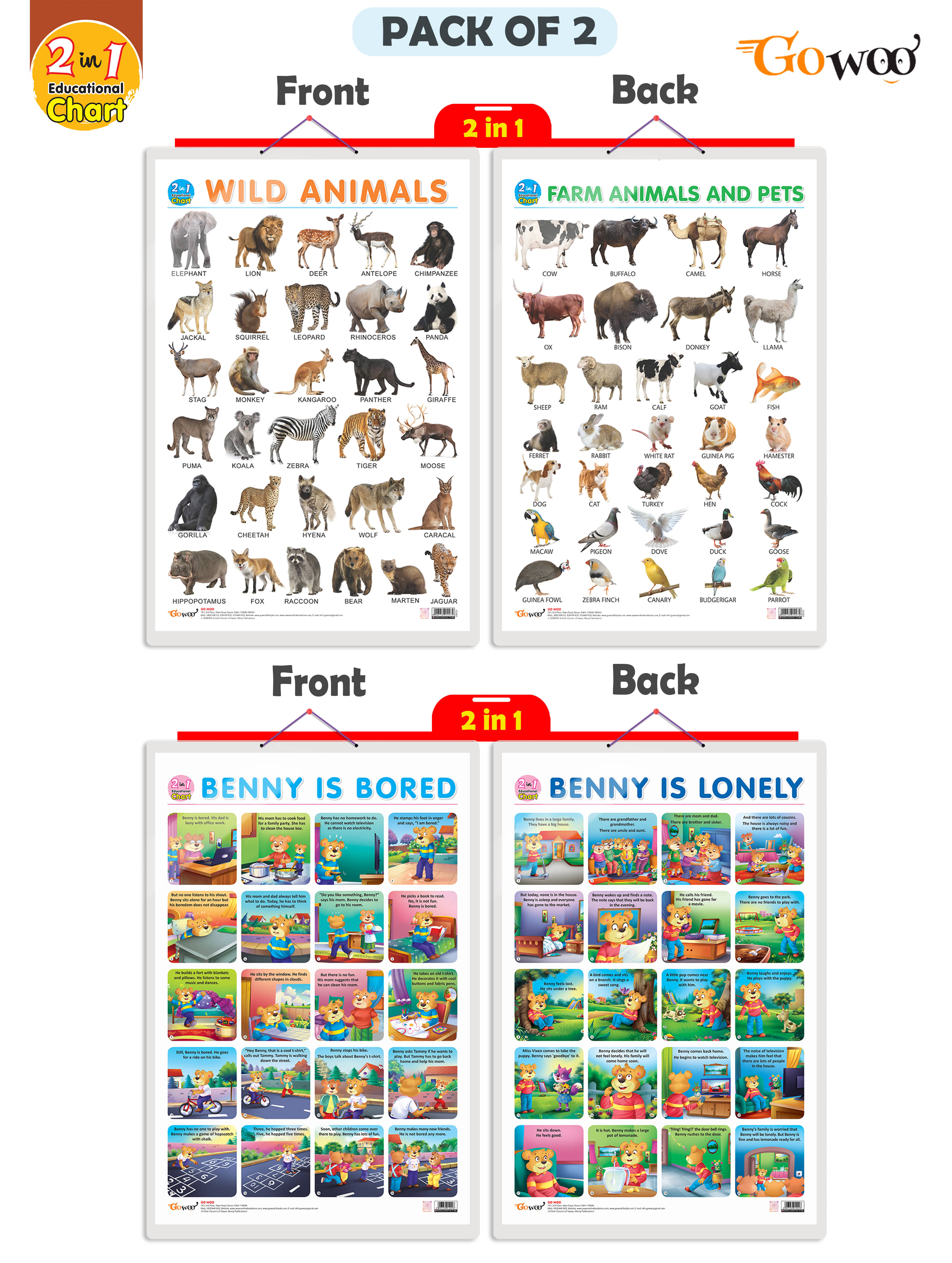     			Set of 2 |2 IN 1 WILD AND FARM ANIMALS & PETS and 2 IN 1 BENNY IS BORED AND BENNY IS LONELY Early Learning Educational Charts for Kids|