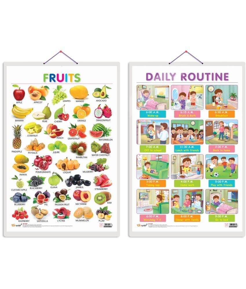 Set of 2 Fruits and DAILY ROUTINE Early Learning Educational Charts for Kids | 20"X30" inch |Non-Tearable and Waterproof | Double Sided Laminated | Perfect for Homeschooling, Kindergarten and Nursery Students Set of 2 Fruits and DAILY ROUTINE Early Learning Educational Charts for Kids | 20"X30" inch |Non-Tearable and Waterproof | Double Sided Laminated | Perfect for Homeschooling, Kindergarten and Nursery Students