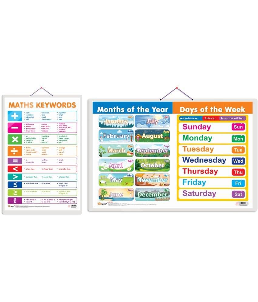 Set of 2 MATHS KEYWORDS and MONTHS OF THE YEAR AND DAYS OF THE WEEK Early Learning Educational Charts for Kids | 20"X30" inch |Non-Tearable and Waterproof | Double Sided Laminated | Perfect for Homeschooling, Kindergarten and Nursery Students Set of 2 MATHS KEYWORDS and MONTHS OF THE YEAR AND DAYS OF THE WEEK Early Learning Educational Charts for Kids | 20"X30" inch |Non-Tearable and Waterproof | Double Sided Laminated | Perfect for Homeschooling, Kindergarten and Nursery Students