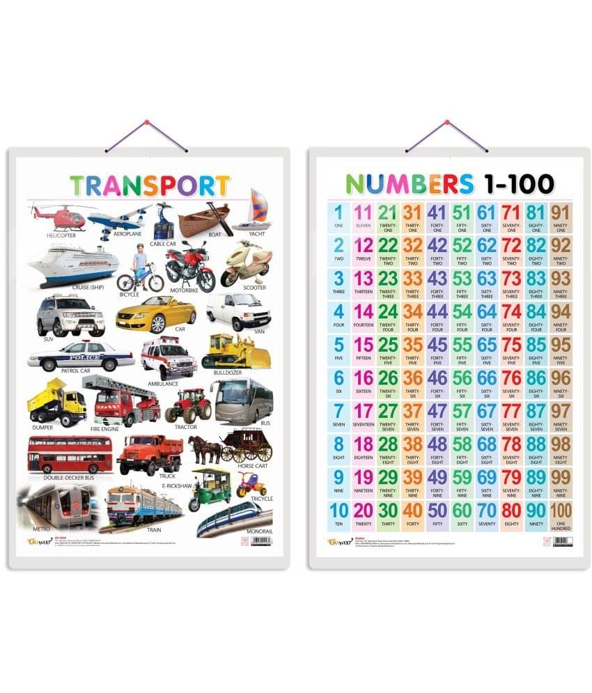 Set of 2 Transport and Numbers 1-100 Early Learning Educational Charts for Kids | 20"X30" inch |Non-Tearable and Waterproof | Double Sided Laminated | Perfect for Homeschooling, Kindergarten and Nursery Students Set of 2 Transport and Numbers 1-100 Early Learning Educational Charts for Kids | 20"X30" inch |Non-Tearable and Waterproof | Double Sided Laminated | Perfect for Homeschooling, Kindergarten and Nursery Students