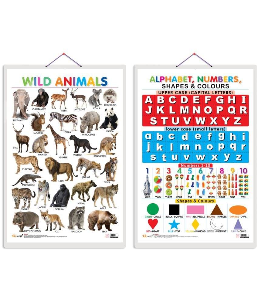     			Set of 2 Wild Animals and Alphabet, Numbers, Shapes & Colours Early Learning Educational Charts for Kids | 20"X30" inch |Non-Tearable and Waterproof | Double Sided Laminated | Perfect for Homeschooling, Kindergarten and Nursery Students
