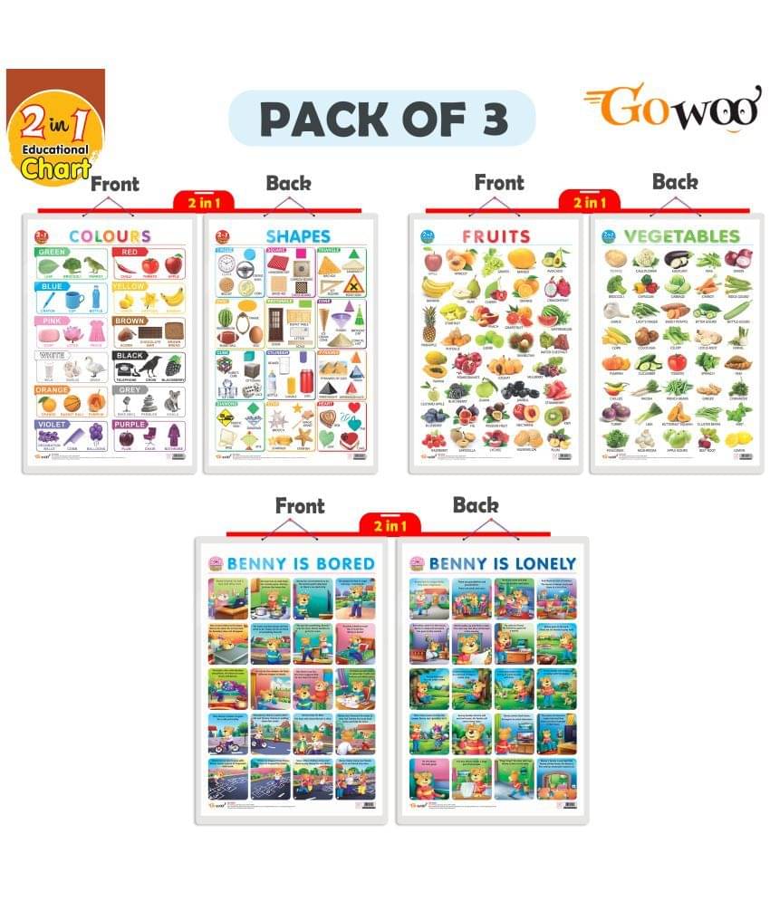 Set of 3 |2 IN 1 COLOURS AND SHAPES, 2 IN 1 FRUITS AND VEGETABLES and 2 IN 1 BENNY IS BORED AND BENNY IS LONELY Early Learning Educational Charts for Kids Set of 3 |2 IN 1 COLOURS AND SHAPES, 2 IN 1 FRUITS AND VEGETABLES and 2 IN 1 BENNY IS BORED AND BENNY IS LONELY Early Learning Educational Charts for Kids
