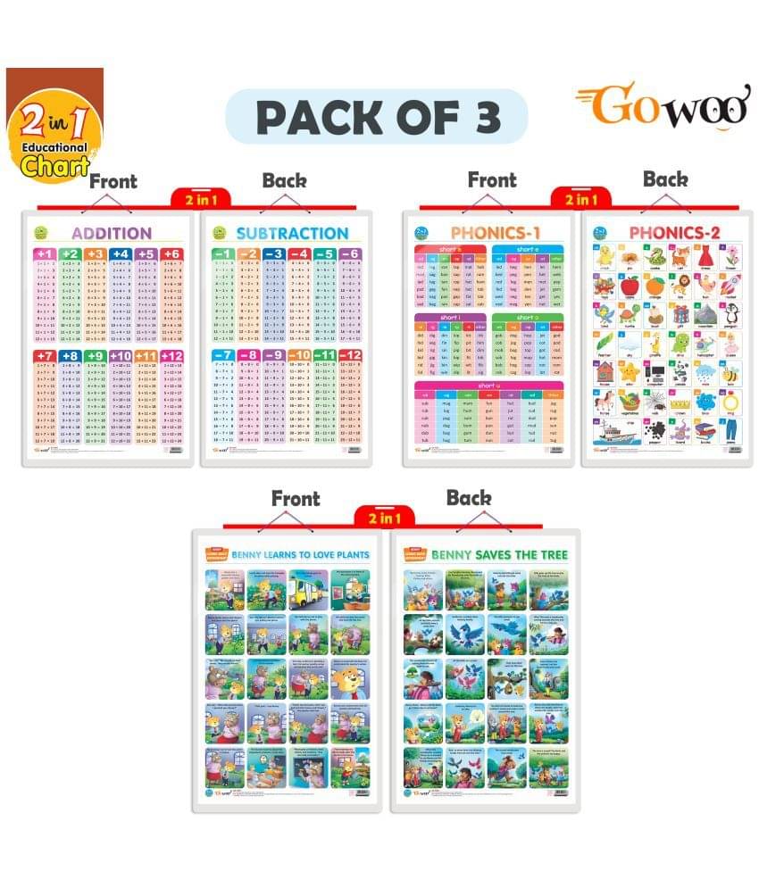 Set of 3 | 2 IN 1 ADDITION AND SUBTRACTION, 2 IN 1 PHONICS 1 AND PHONICS 2 and 2 IN 1 BENNY IS SAD AND BENNY IS SHY Early Learning Educational Charts for Kids Set of 3 | 2 IN 1 ADDITION AND SUBTRACTION, 2 IN 1 PHONICS 1 AND PHONICS 2 and 2 IN 1 BENNY IS SAD AND BENNY IS SHY Early Learning Educational Charts for Kids