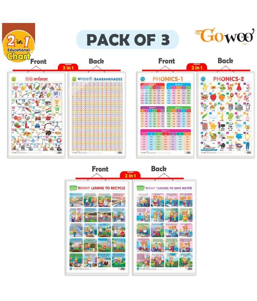 Set of 3 | 2 IN 1 PHONICS 1 AND PHONICS 2, 2 IN 1 HINDI VARNMALA AND BAARAHKHADEE and 2 IN 1 BENNY LEARNS TO RECYCLE AND BENNY TEACHES TO SAVE WATER Early Learning Educational Charts for Kids Set of 3 | 2 IN 1 PHONICS 1 AND PHONICS 2, 2 IN 1 HINDI VARNMALA AND BAARAHKHADEE and 2 IN 1 BENNY LEARNS TO RECYCLE AND BENNY TEACHES TO SAVE WATER Early Learning Educational Charts for Kids