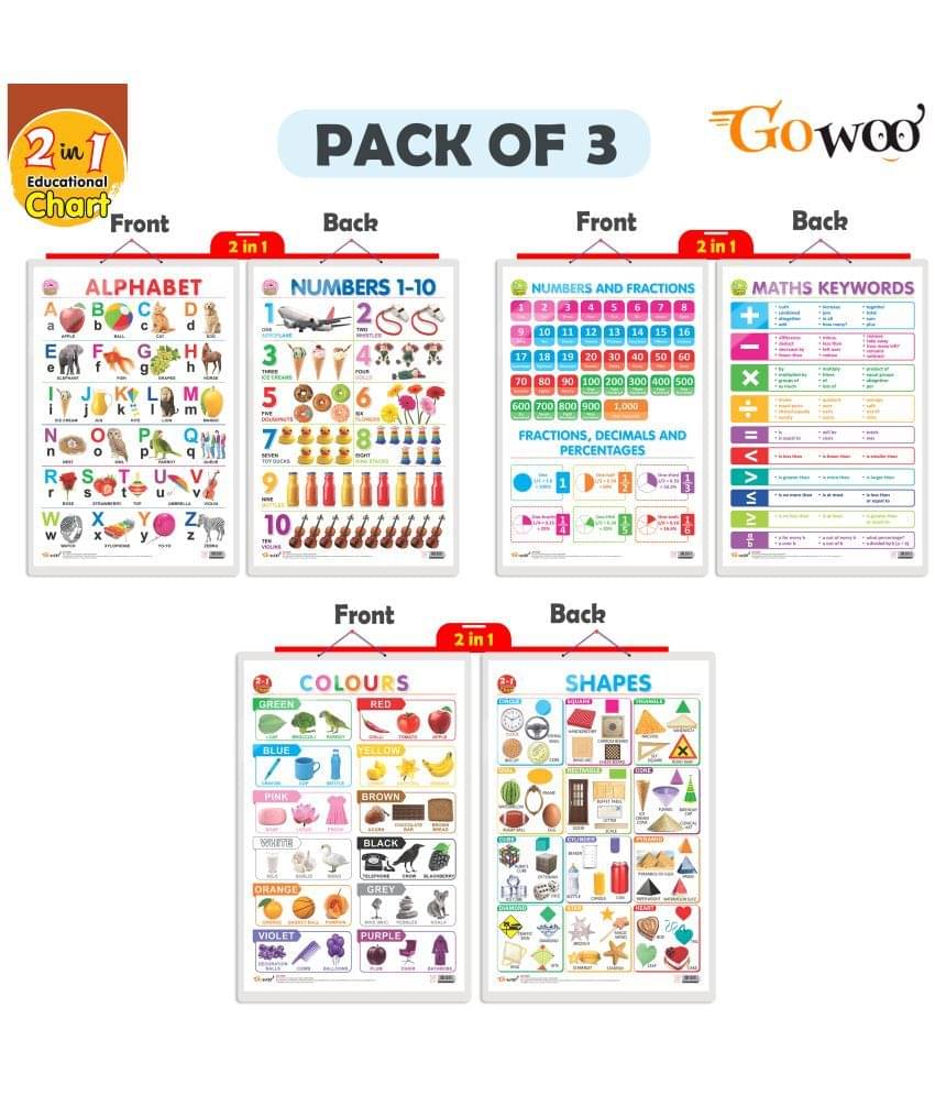 Set of 3 | 2 IN 1 ALPHABET AND NUMBER 1-10, 2 IN 1 NUMBER & FRACTIONS AND MATHS KEYWORDS and 2 IN 1 COLOURS AND SHAPES Early Learning Educational Charts for Kid Set of 3 | 2 IN 1 ALPHABET AND NUMBER 1-10, 2 IN 1 NUMBER & FRACTIONS AND MATHS KEYWORDS and 2 IN 1 COLOURS AND SHAPES Early Learning Educational Charts for Kid