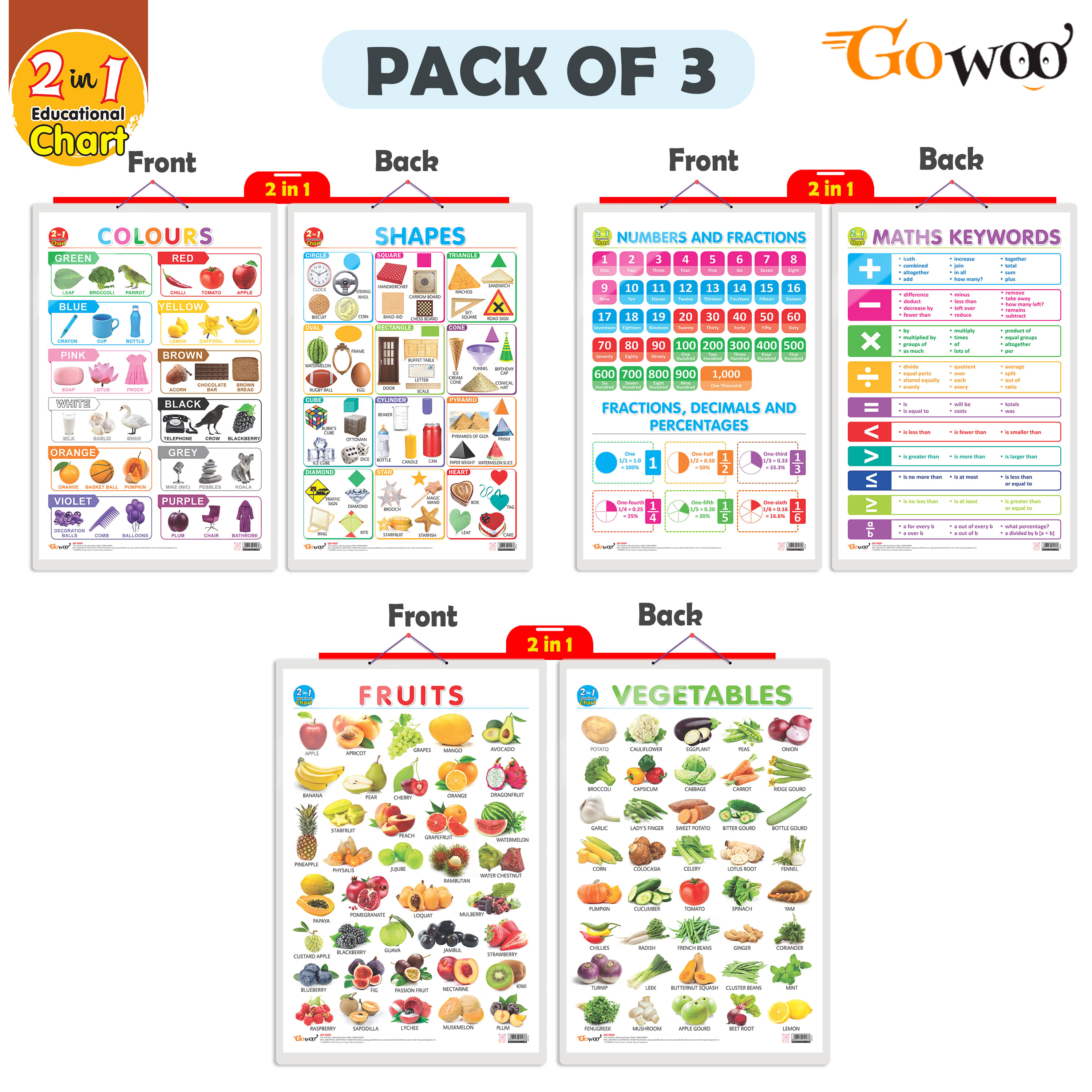 Set of 3 | 2 IN 1 NUMBER & FRACTIONS AND MATHS KEYWORDS, 2 IN 1 COLOURS AND SHAPES and 2 IN 1 FRUITS AND VEGETABLES Early Learning Educational Charts for Kids Set of 3 | 2 IN 1 NUMBER & FRACTIONS AND MATHS KEYWORDS, 2 IN 1 COLOURS AND SHAPES and 2 IN 1 FRUITS AND VEGETABLES Early Learning Educational Charts for Kids