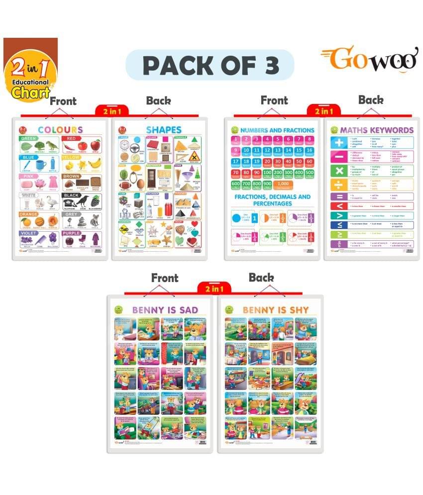     			Set of 3 |2 IN 1 NUMBER & FRACTIONS AND MATHS KEYWORDS, 2 IN 1 COLOURS AND SHAPES and 2 IN 1 BENNY IS SAD AND BENNY IS SHY Early Learning Educational Charts for Kids