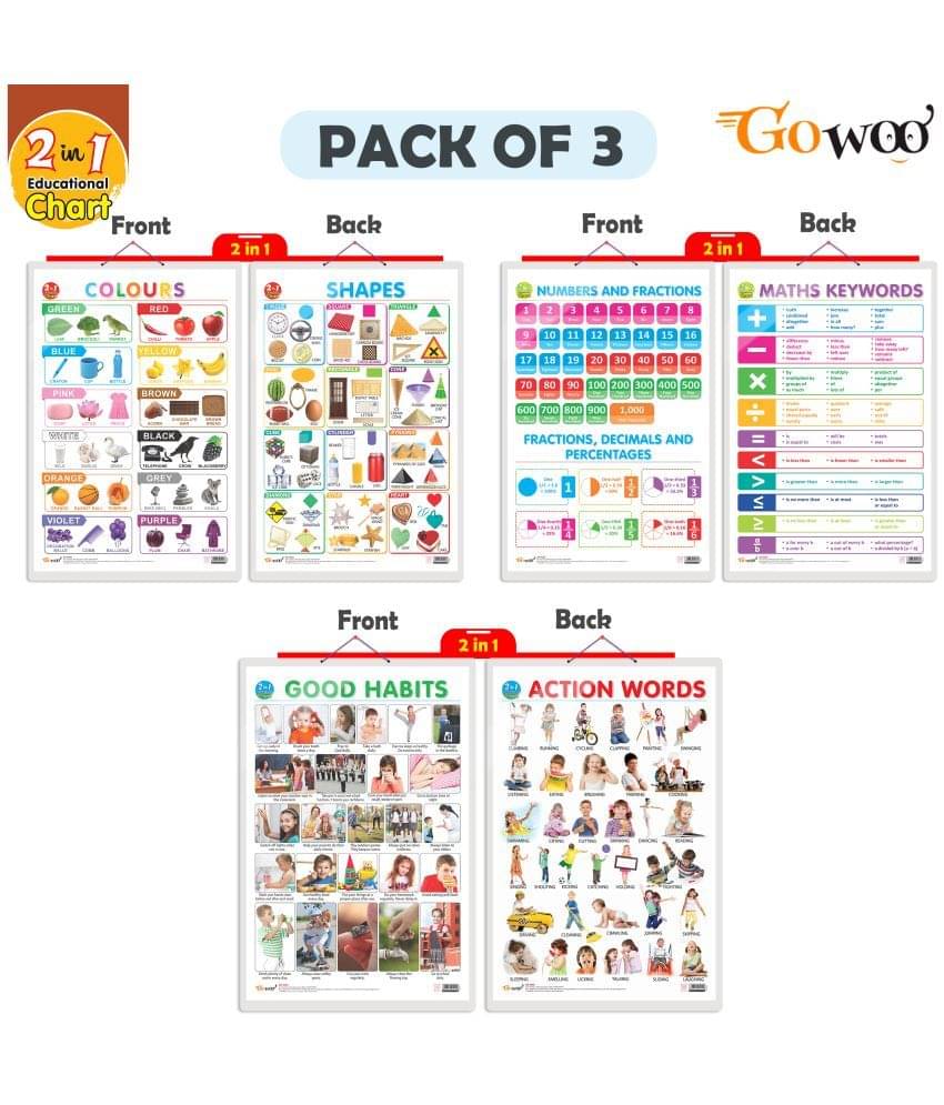 Set of 3 | 2 IN 1 NUMBER & FRACTIONS AND MATHS KEYWORDS, 2 IN 1 COLOURS AND SHAPES and 2 IN 1 GOOD HABITS AND ACTION WORDS Early Learning Educational Charts for Kids Set of 3 | 2 IN 1 NUMBER & FRACTIONS AND MATHS KEYWORDS, 2 IN 1 COLOURS AND SHAPES and 2 IN 1 GOOD HABITS AND ACTION WORDS Early Learning Educational Charts for Kids