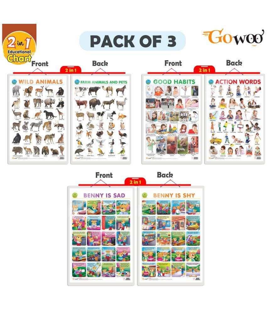 Set of 3 |2 IN 1 WILD AND FARM ANIMALS & PETS, 2 IN 1 GOOD HABITS AND ACTION WORDS and 2 IN 1 BENNY IS SAD AND BENNY IS SHY Early Learning Educational Charts for Kids Set of 3 |2 IN 1 WILD AND FARM ANIMALS & PETS, 2 IN 1 GOOD HABITS AND ACTION WORDS and 2 IN 1 BENNY IS SAD AND BENNY IS SHY Early Learning Educational Charts for Kids
