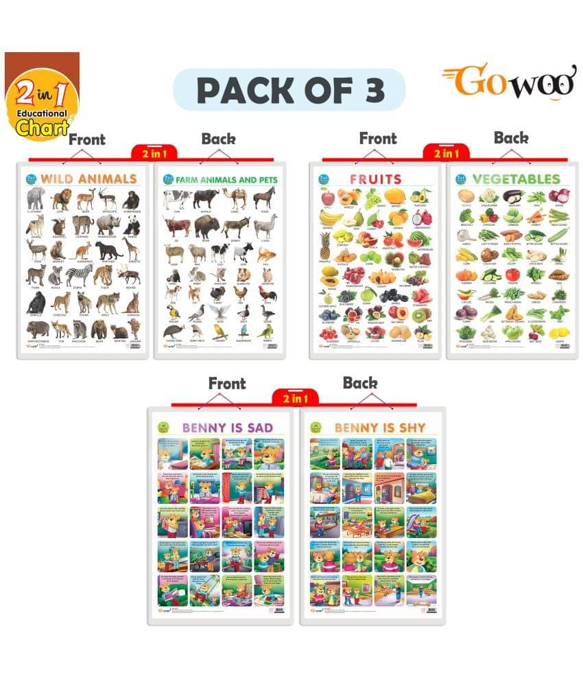Set of 3 |2 IN 1 FRUITS AND VEGETABLES, 2 IN 1 WILD AND FARM ANIMALS & PETS and 2 IN 1 BENNY IS SAD AND BENNY IS SHY Early Learning Educational Charts for Kids Set of 3 |2 IN 1 FRUITS AND VEGETABLES, 2 IN 1 WILD AND FARM ANIMALS & PETS and 2 IN 1 BENNY IS SAD AND BENNY IS SHY Early Learning Educational Charts for Kids