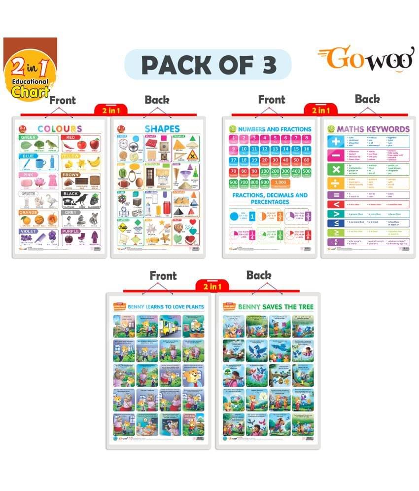     			Set of 3 |2 IN 1 NUMBER & FRACTIONS AND MATHS KEYWORDS, 2 IN 1 COLOURS AND SHAPES and 2 IN 1 BENNY LEARNS TO LOVE PLANTS AND BENNY SAVES THE TREE Early Learning Educational Charts for Kids
